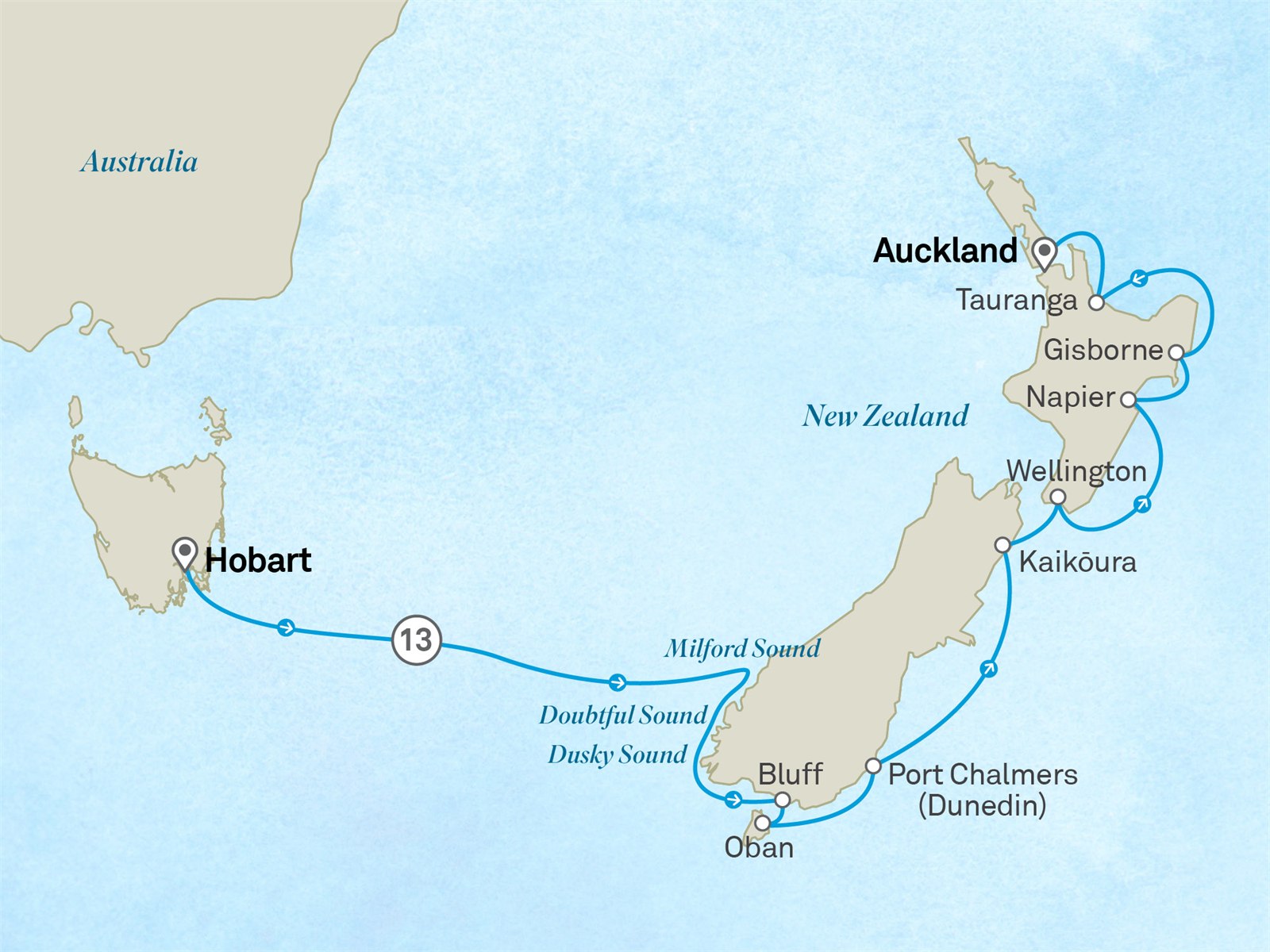 New Zealand Wonders & Mystic Fjords: Hobart to Auckland Scenic itinerary route map for voyage 401Q171128.1