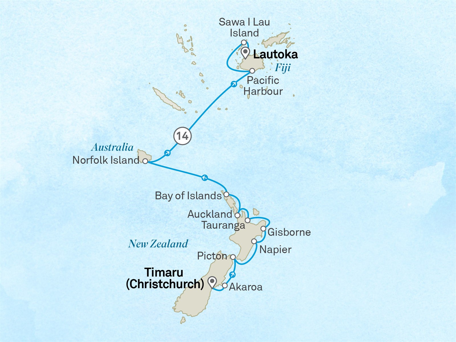 New Zealand, Norfolk Island & Fiji’s Coastal Treasures: Christchurch to Nadi Scenic itinerary route map for voyage 411F280129.2