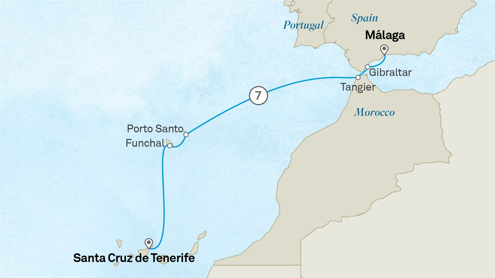 Costa del Sol to the Canary Islands: Malaga to Tenerife Scenic itinerary route map for voyage 411M270927.2