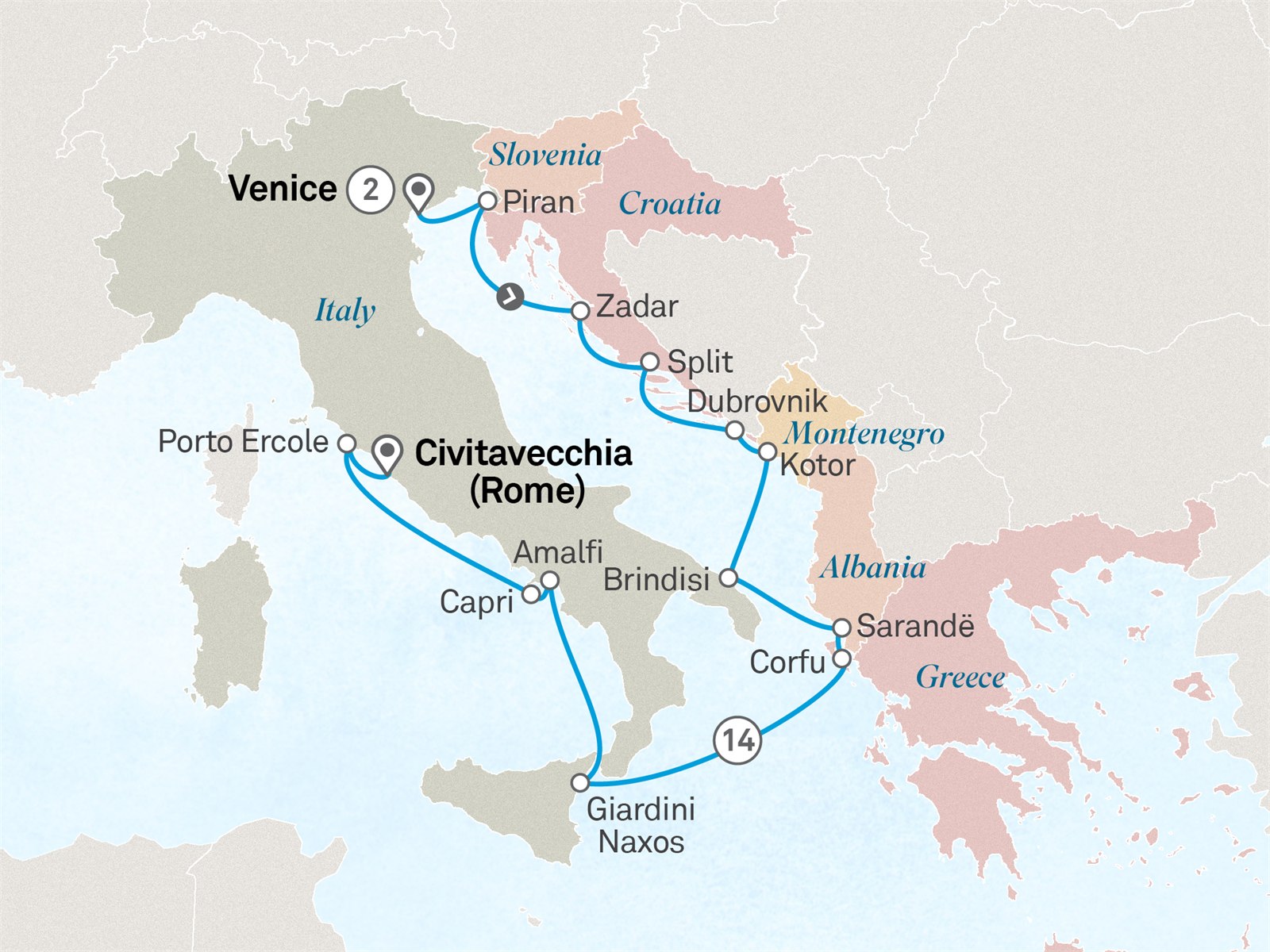 Inaugural Voyage: Adriatic & Italian Icons Loyalty Departure: Venice to Civitavecchia (Rome) Scenic itinerary route map for voyage 441M050428.2