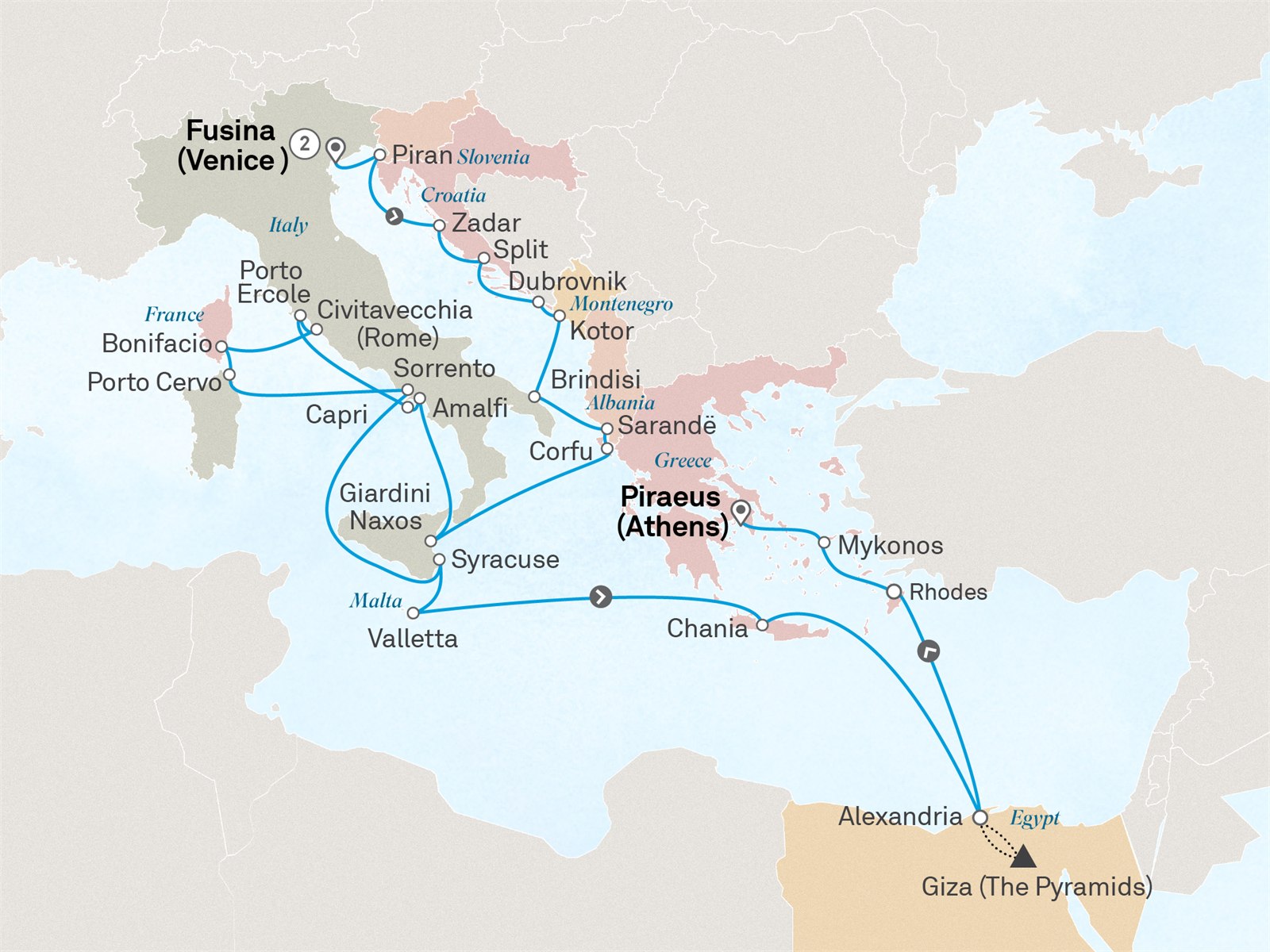 Ultimate Iconic Wonders of the Eastern Mediterranean Loyalty Departure: Venice to Athens (Piraeus) Scenic itinerary route map for voyage 442M050428.1