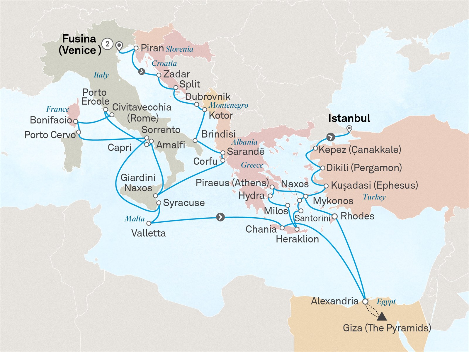 Ultimate Inaugural Voyage: Egypt, Greece & Italy Loyalty Departure: Venice to Istanbul Scenic itinerary route map for voyage 443M050428.1