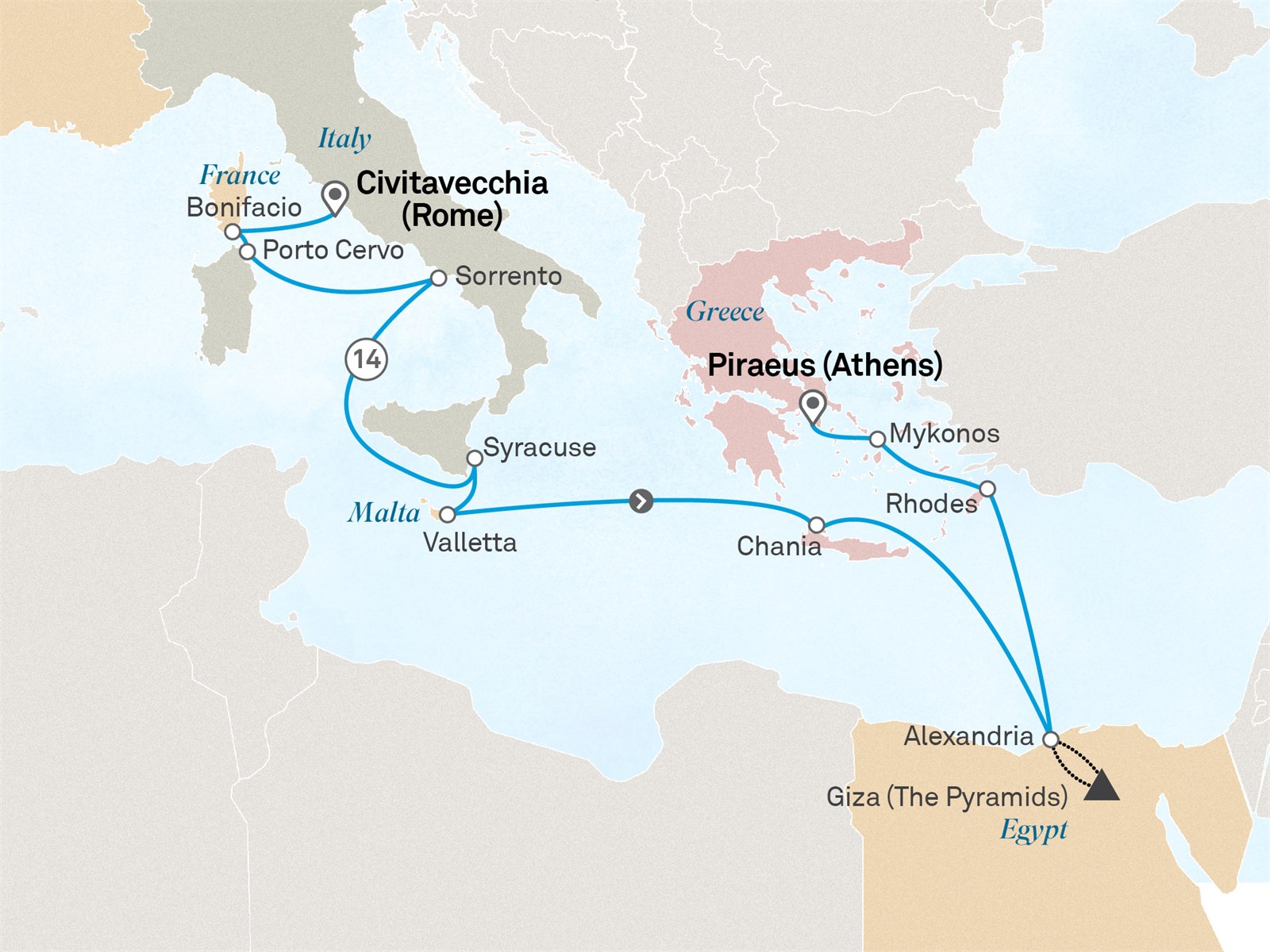 Italy, Greek Isles & the Pyramids Loyalty Departure: Civitavecchia (Rome) to Athens (Piraeus) Scenic itinerary route map for voyage 451M210428.1
