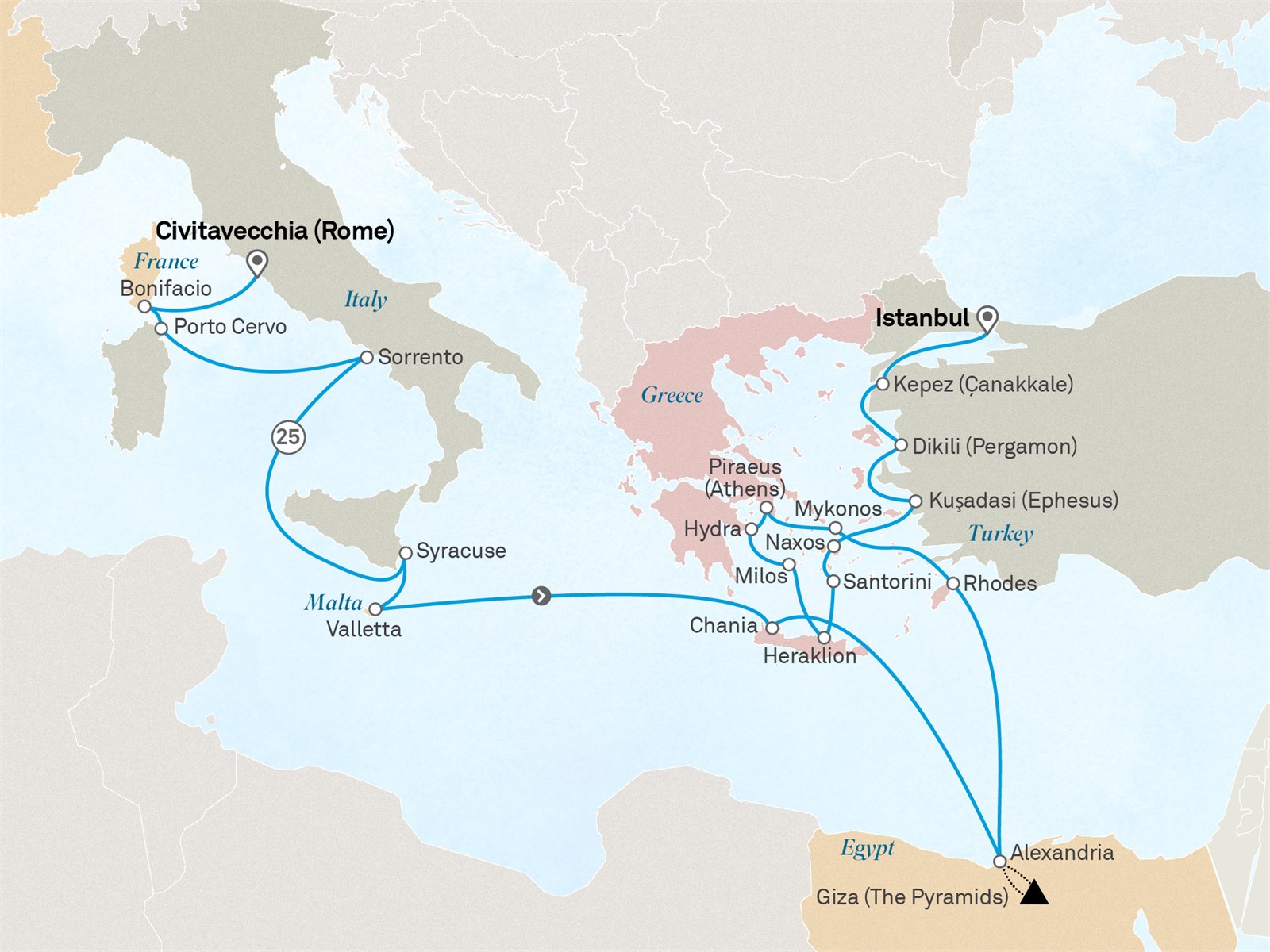 Ultimate Pyramids & Ancient Empires: Rome to Istanbul Loyalty Departure: Civitavecchia (Rome) to Istanbul Scenic itinerary route map for voyage 452M210428.1