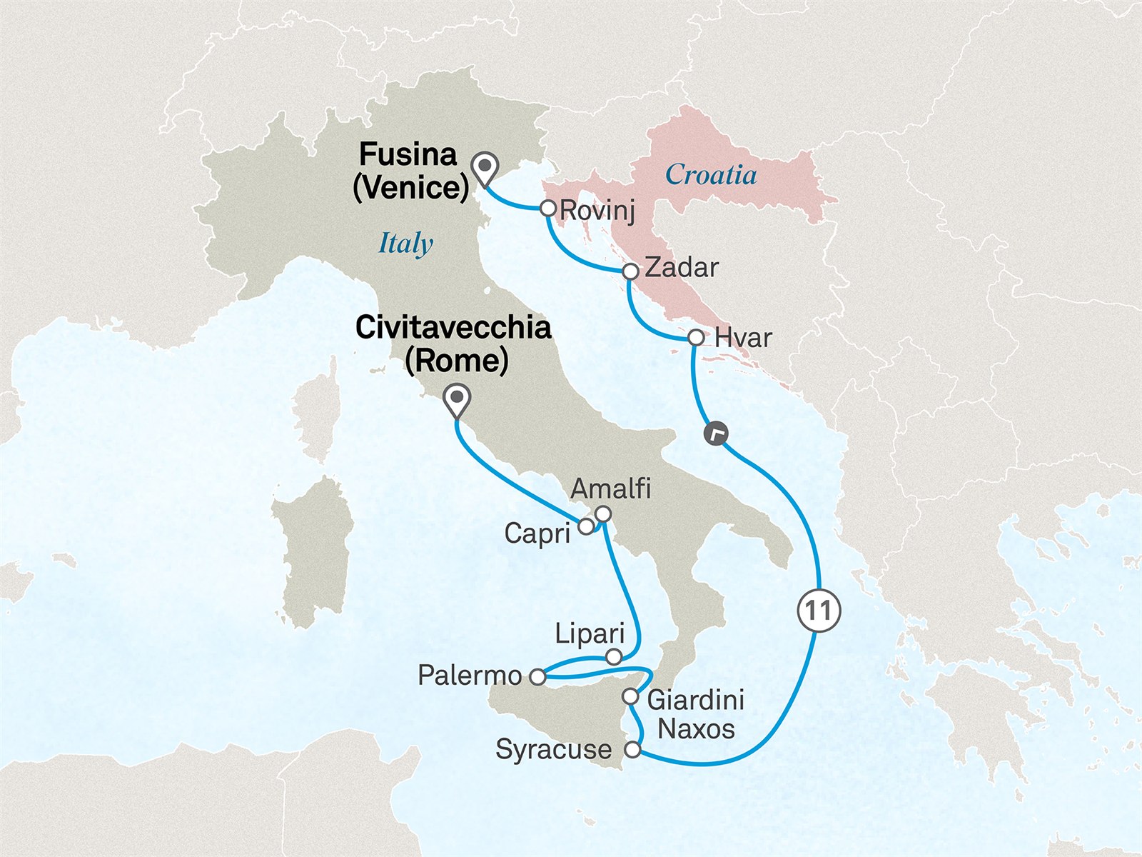 Adriatic, Sicily & the Amalfi Coast: Civitavecchia (Rome) to Venice Scenic itinerary route map for voyage 461M180728.1