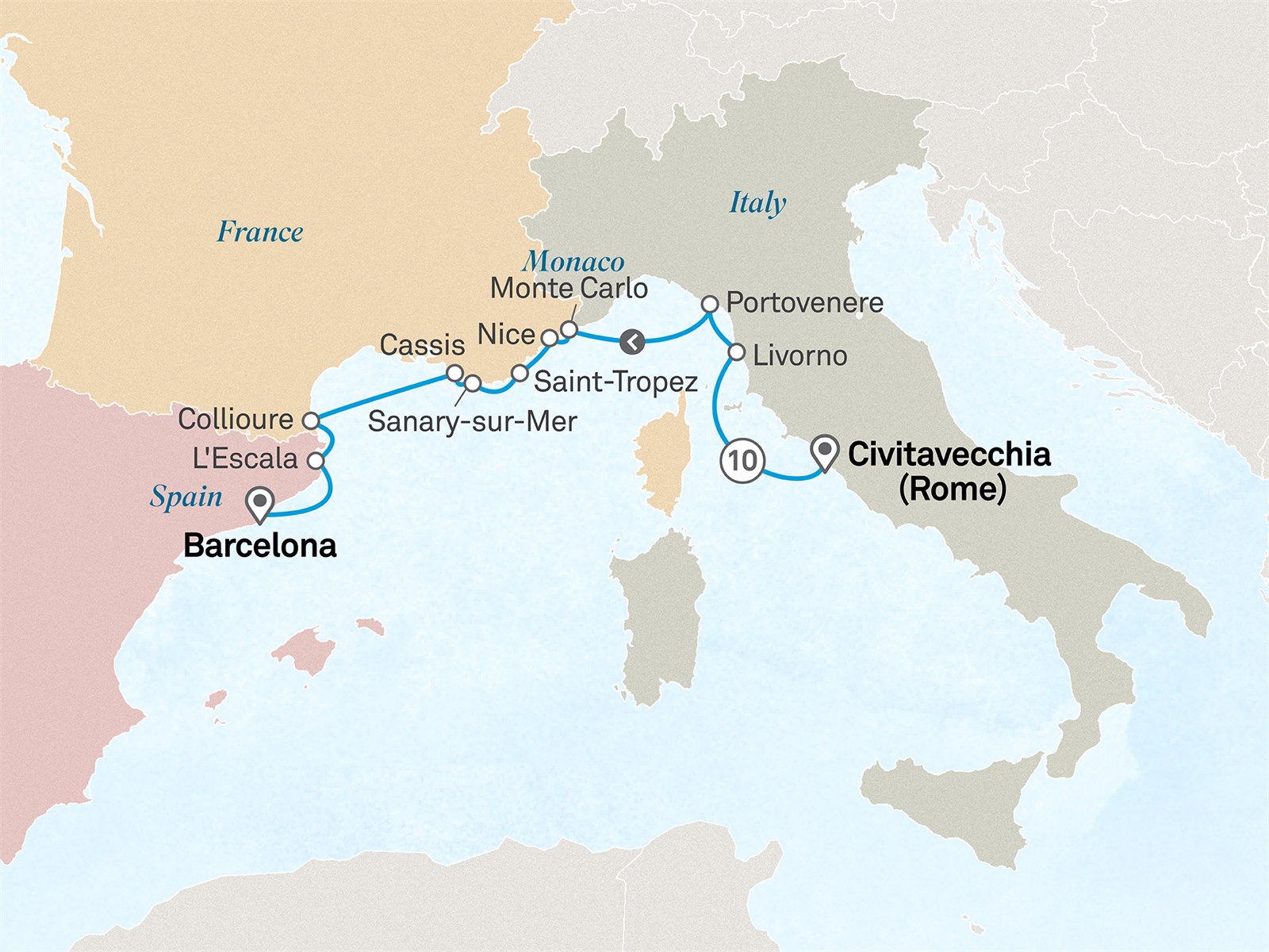 Iconic Italy & the French Riviera: Civitavecchia (Rome) to Barcelona Scenic itinerary route map for voyage 471M270628.2