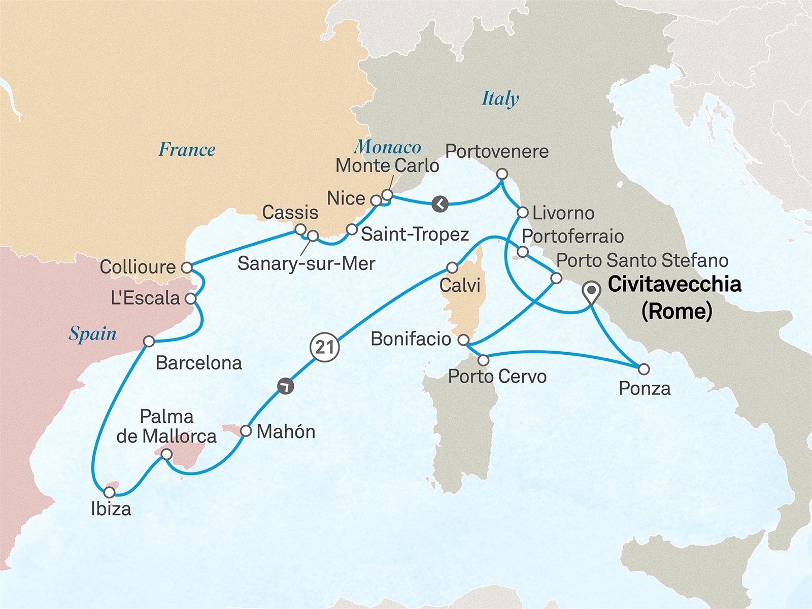Ultimate Italy, French Riviera & the Mediterranean Islands: Civitavecchia (Rome) to Civitavecchia (Rome) Scenic itinerary route map for voyage 472M270628.1