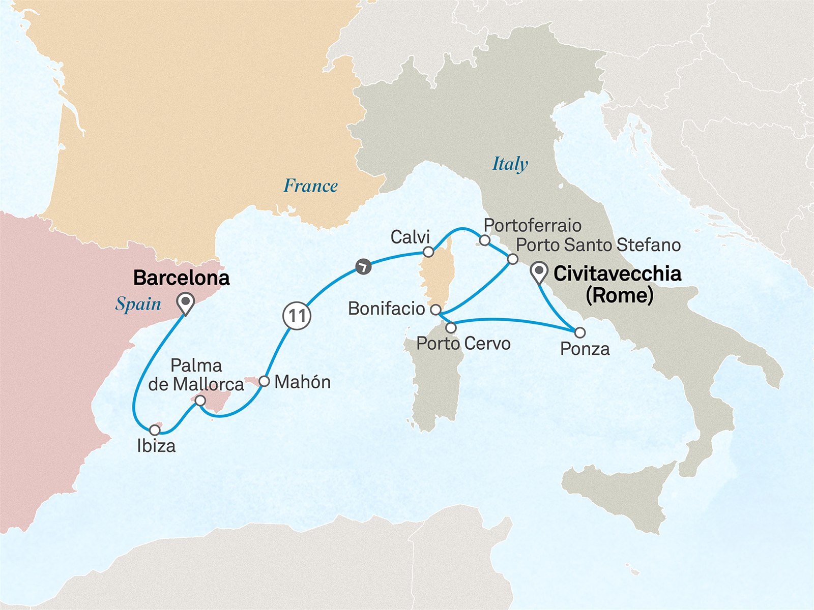 Idyllic Islands of the Mediterranean: Barcelona to Civitavecchia (Rome) Scenic itinerary route map for voyage 481M070728.1