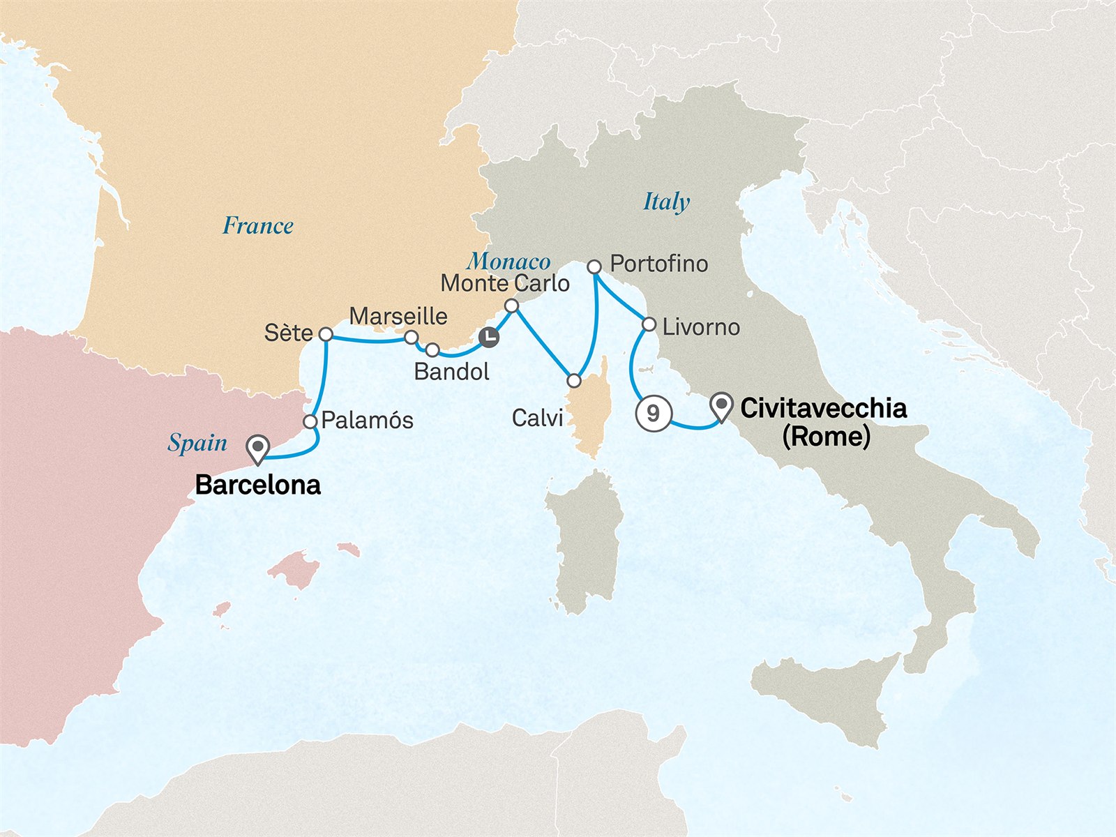 Mediterranean Rivieras: Rome to Barcelona: Civitavecchia (Rome) to Barcelona Scenic itinerary route map for voyage 491M041028.2