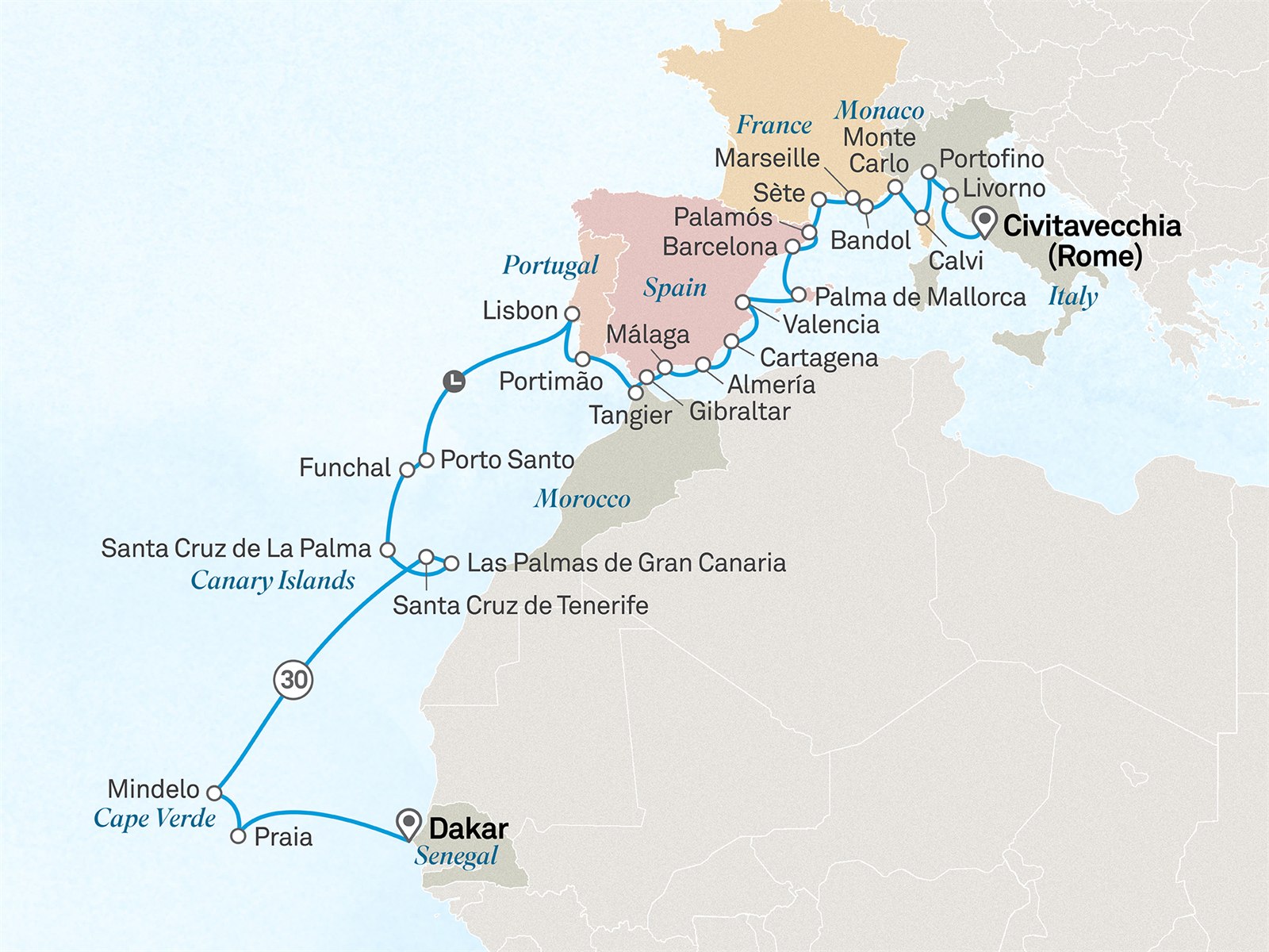 Ultimate Voyage: Mediterranean Rivieras & Atlantic Gems: Italy to Africa: Civitavecchia (Rome) to Dakar Scenic itinerary route map for voyage 493M041028.1