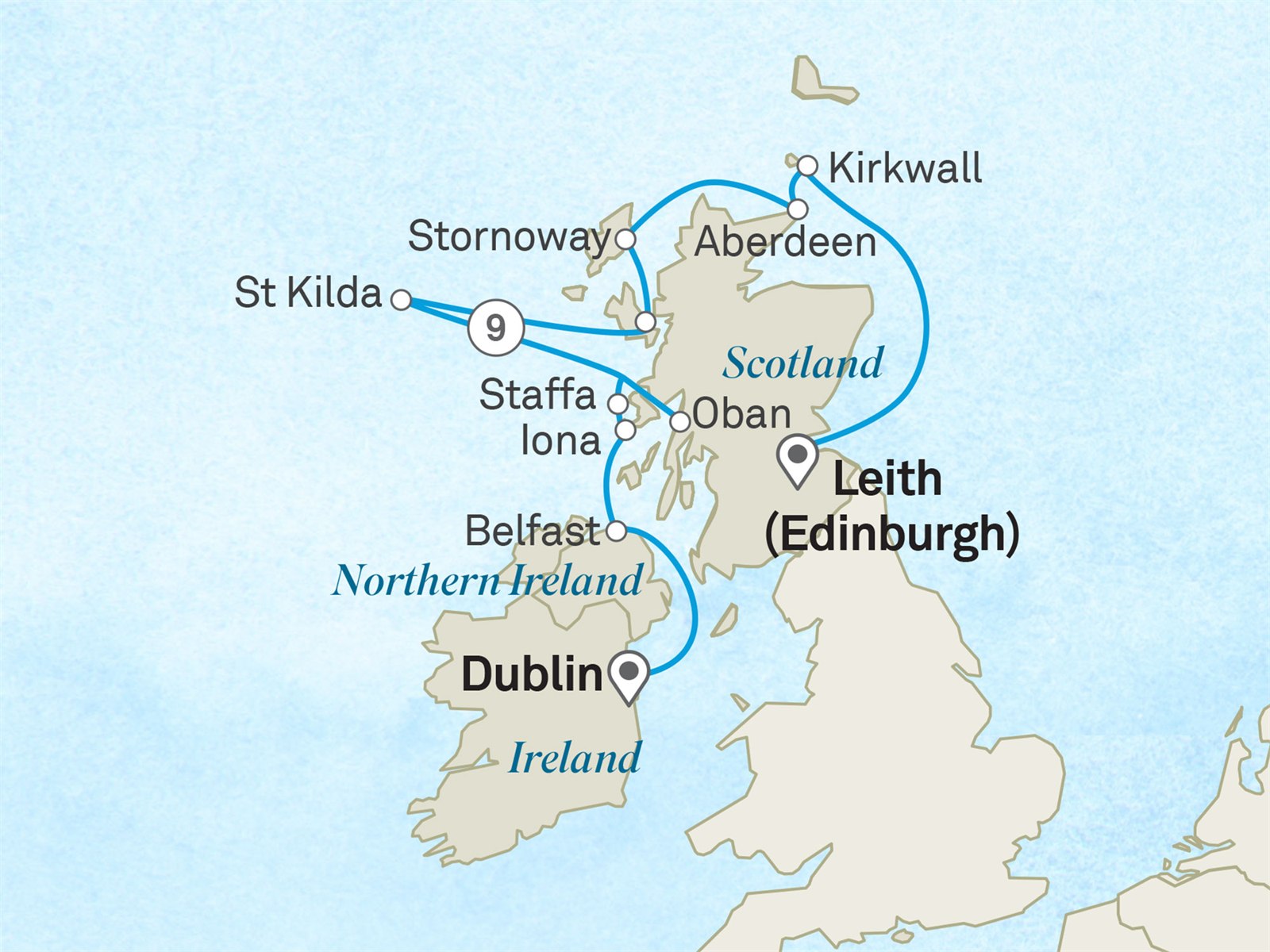 Scottish Isles: Historic Trails & Wilderness: Dublin to Edinburgh Scenic itinerary route map for voyage 501B270527.2