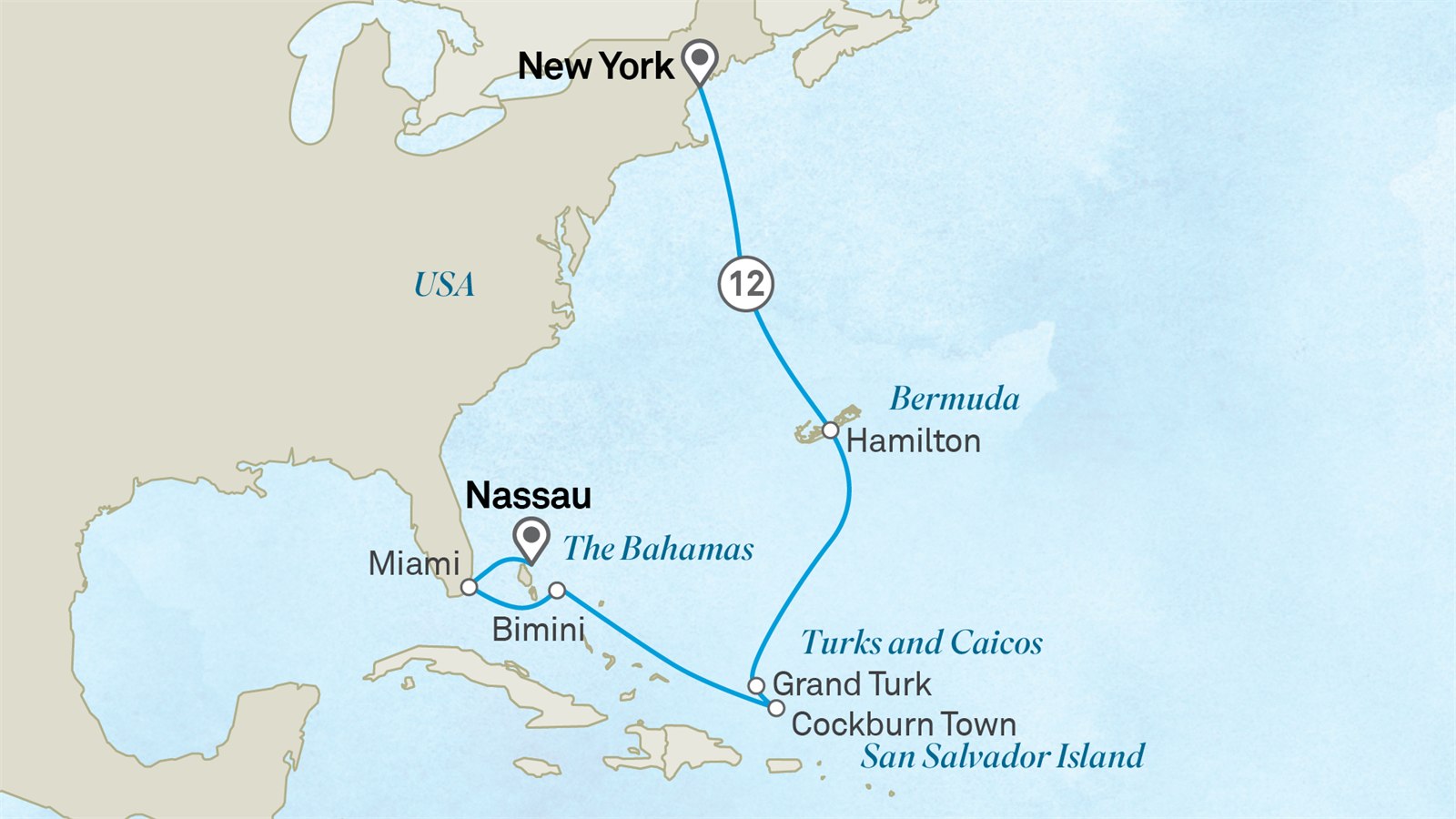 Sounds of Discovery: New York to the Bahamas: New York City to Nassau Scenic itinerary route map for voyage 501J280927.1