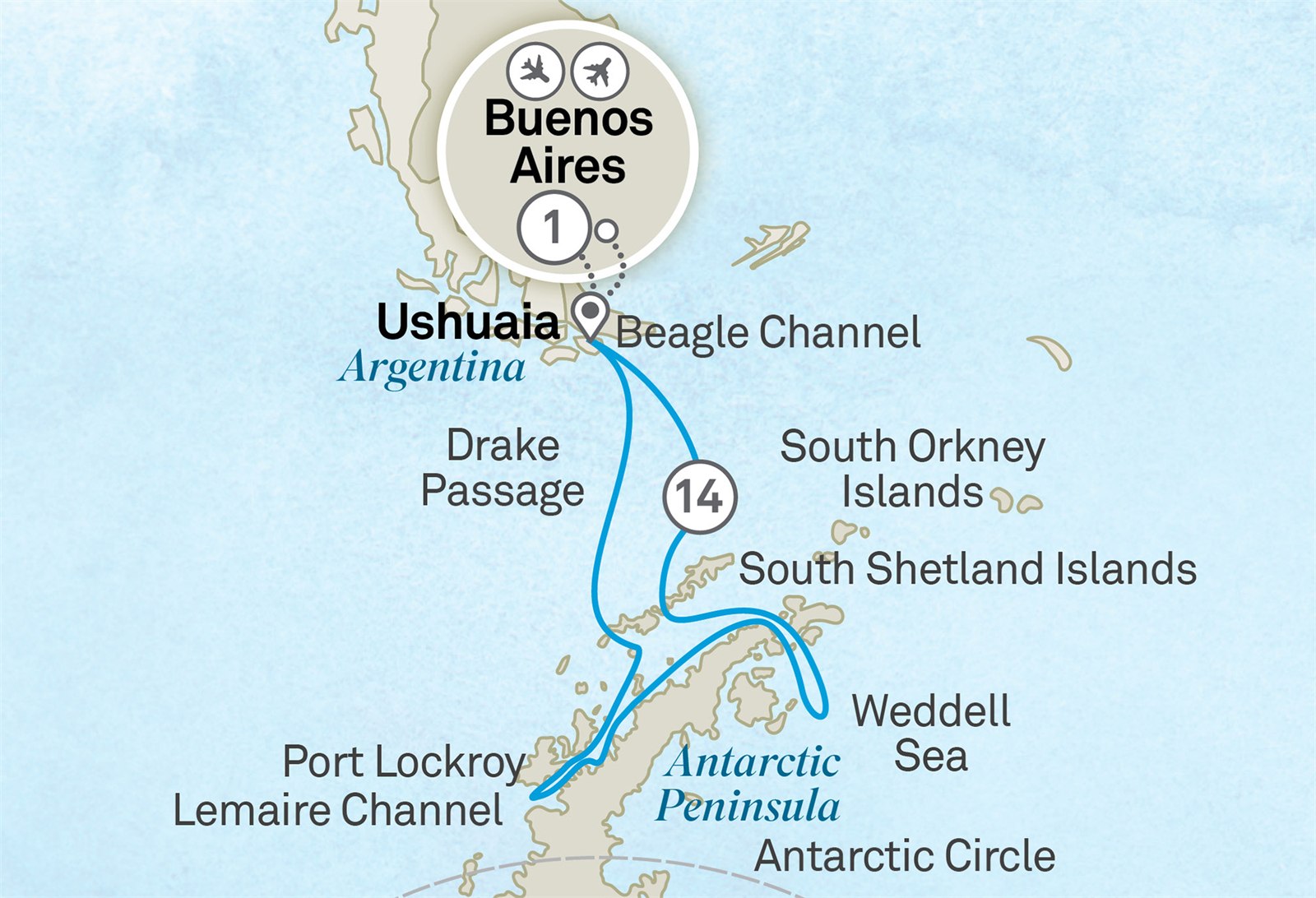 Antarctica and the Weddell Sea: Buenos Aires to Buenos Aires Scenic itinerary route map for voyage 501S031226.1