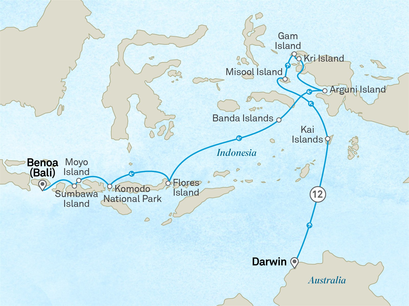 Secrets of the Spice Islands & Komodo: Darwin to Denpasar Scenic itinerary route map for voyage 501T070828.2