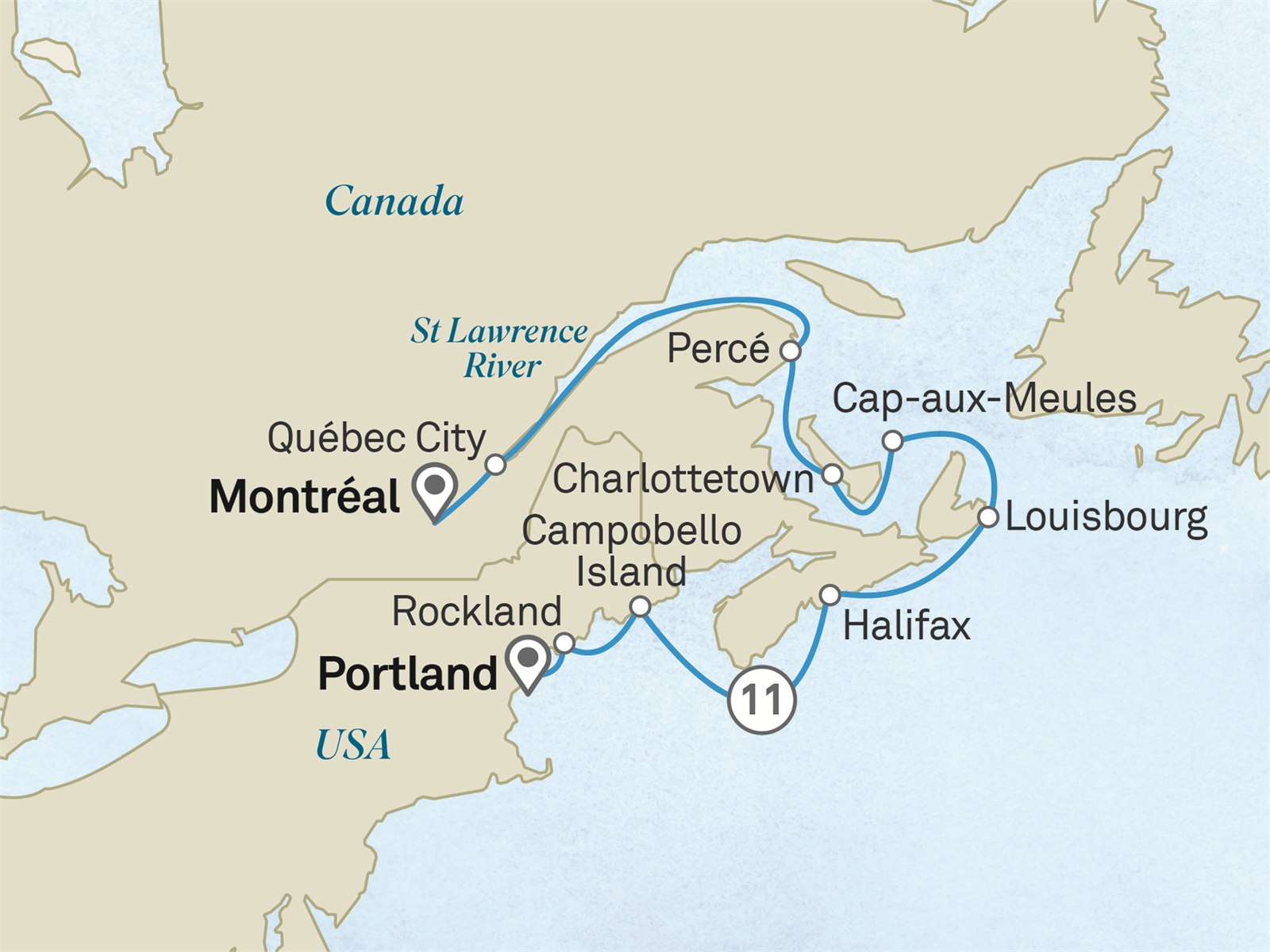 Contrasts of Canada & the St. Lawrence River: Portland to Montreal Scenic itinerary route map for voyage 501Y130926.2