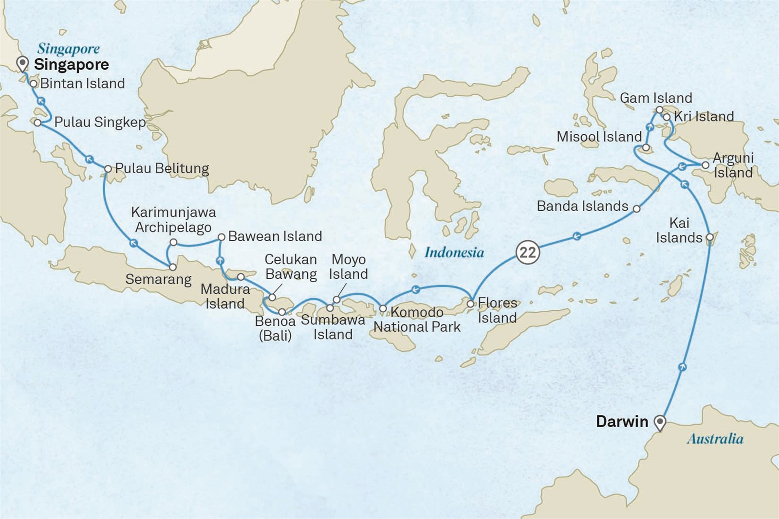 Ultimate Voyage: Indonesian Wonders & the Spice Islands: Darwin to Singapore Scenic itinerary route map for voyage 502T070828.2