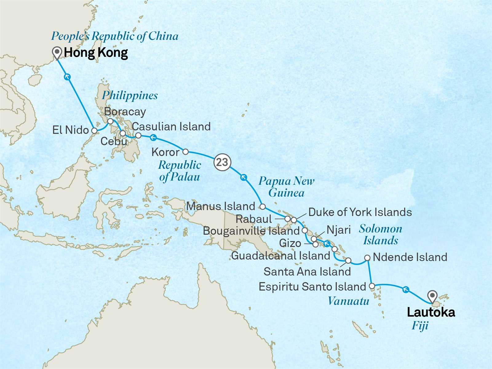 Fiji to Hong Kong: Isles of Papua, Palau & the Philippines: Nadi to Hong Kong Scenic itinerary route map for voyage 511F110229.2