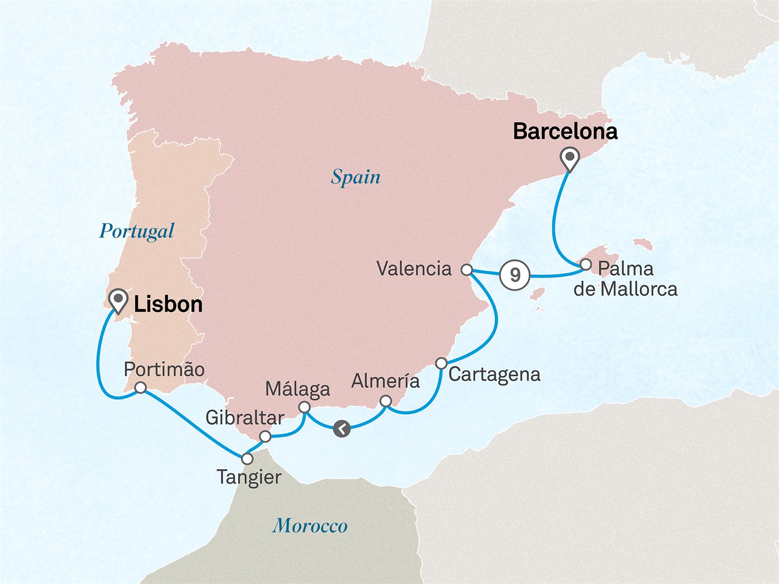 Iberian & Moroccan Wonders: Spain to Portugal: Barcelona to Lisbon Scenic itinerary route map for voyage 511M131028.2
