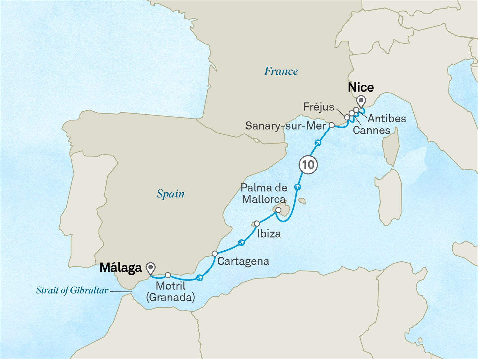 Mediterranean Classics: Málaga to the French Riveira: Malaga to Nice Scenic itinerary route map for voyage 521M250428.1