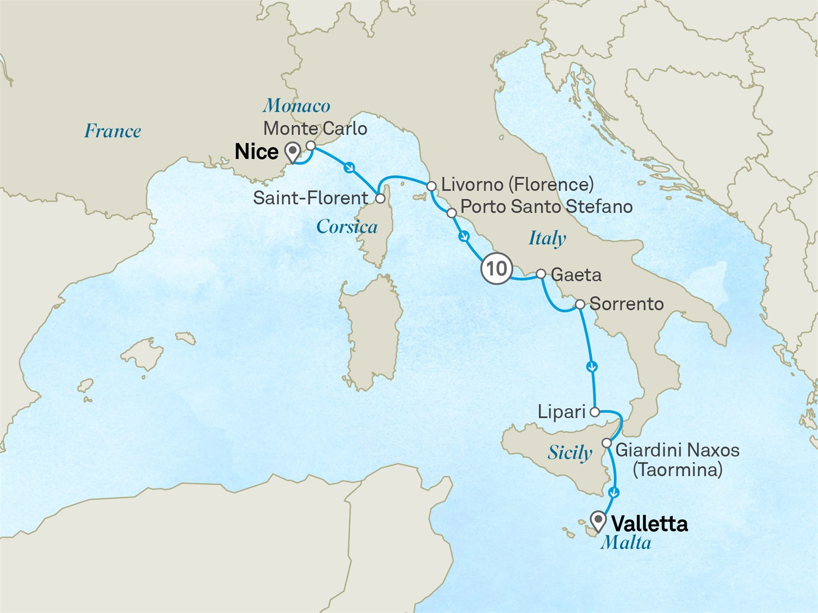 French Riviera & Amalfi Coast to Malta: Nice to Valletta Scenic itinerary route map for voyage 531M050528.1