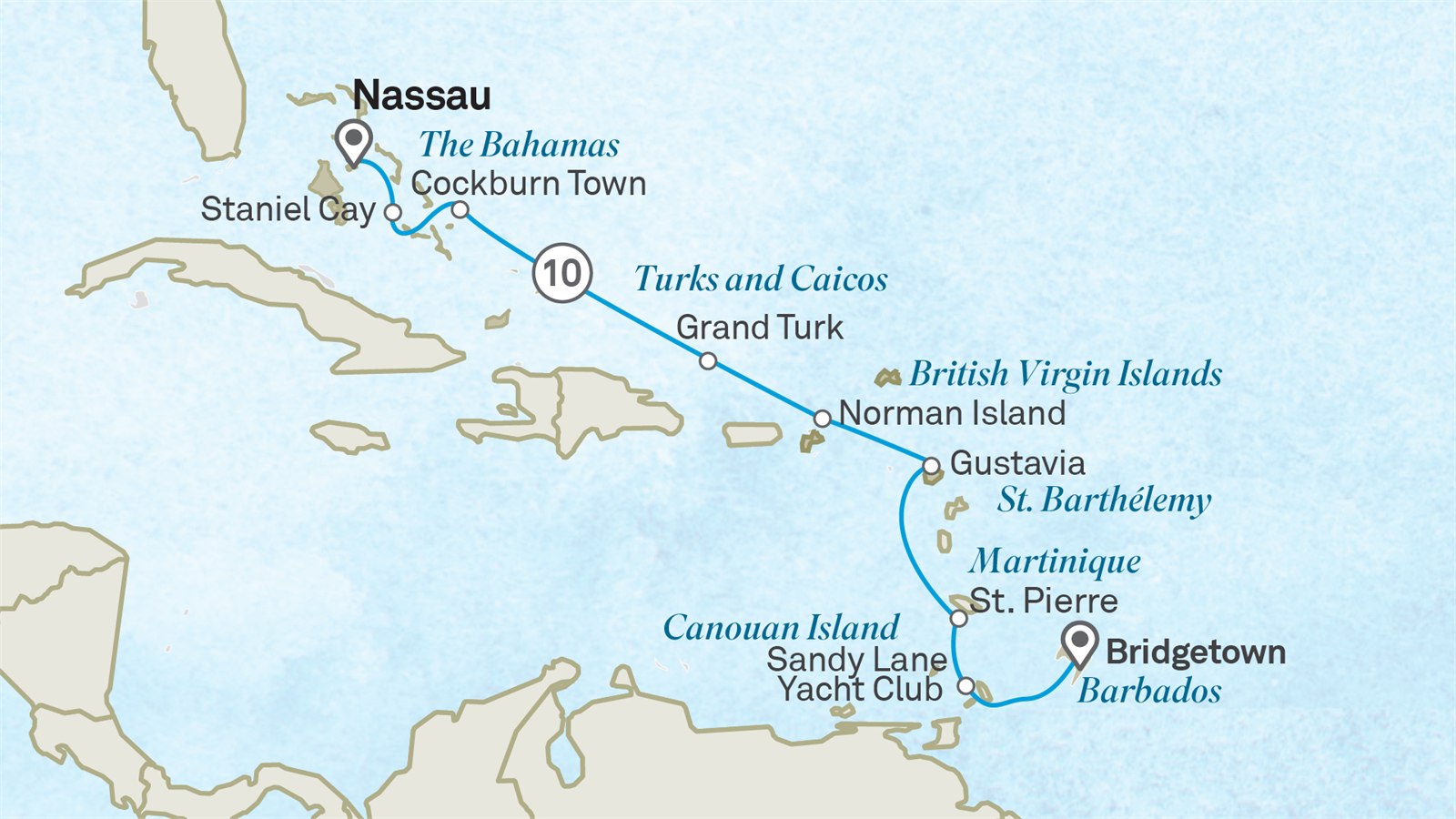 Island Odyssey: Bahamas to the Grenadine: Nassau to Bridgetown Scenic itinerary route map for voyage 601J101027.1