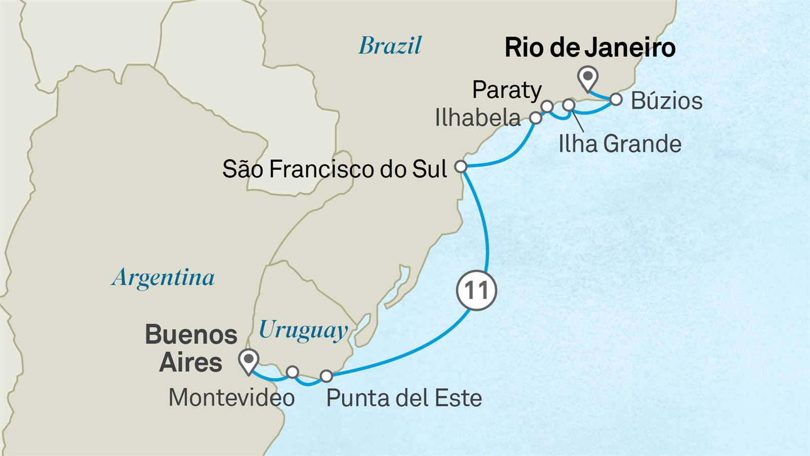 Rhythms of the Brazilian Coastline: Rio de Janeiro to Buenos Aires Scenic itinerary route map for voyage 601L031127.1
