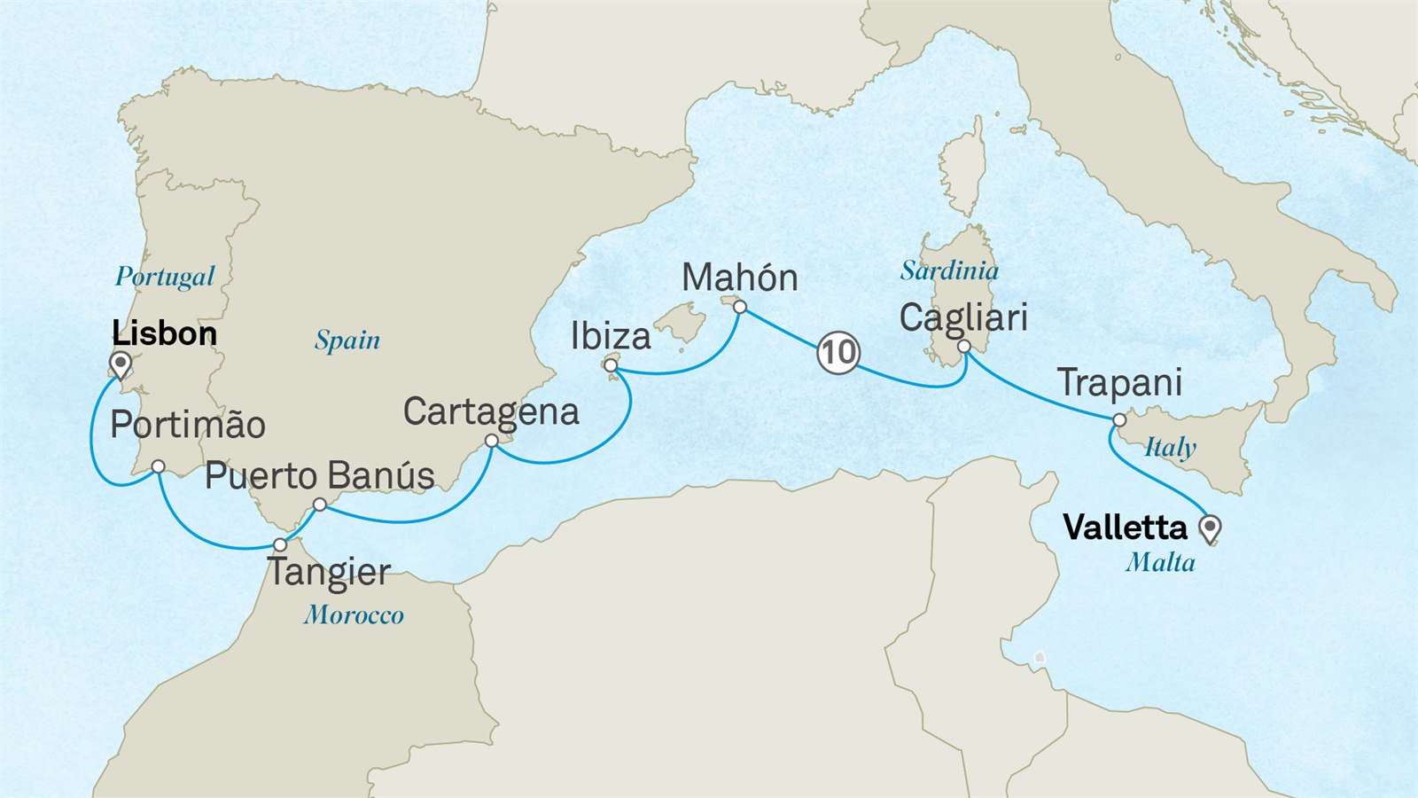 The Hidden Wonders of the Mediterranean: Valletta to Lisbon Scenic itinerary route map for voyage 601M060727.2