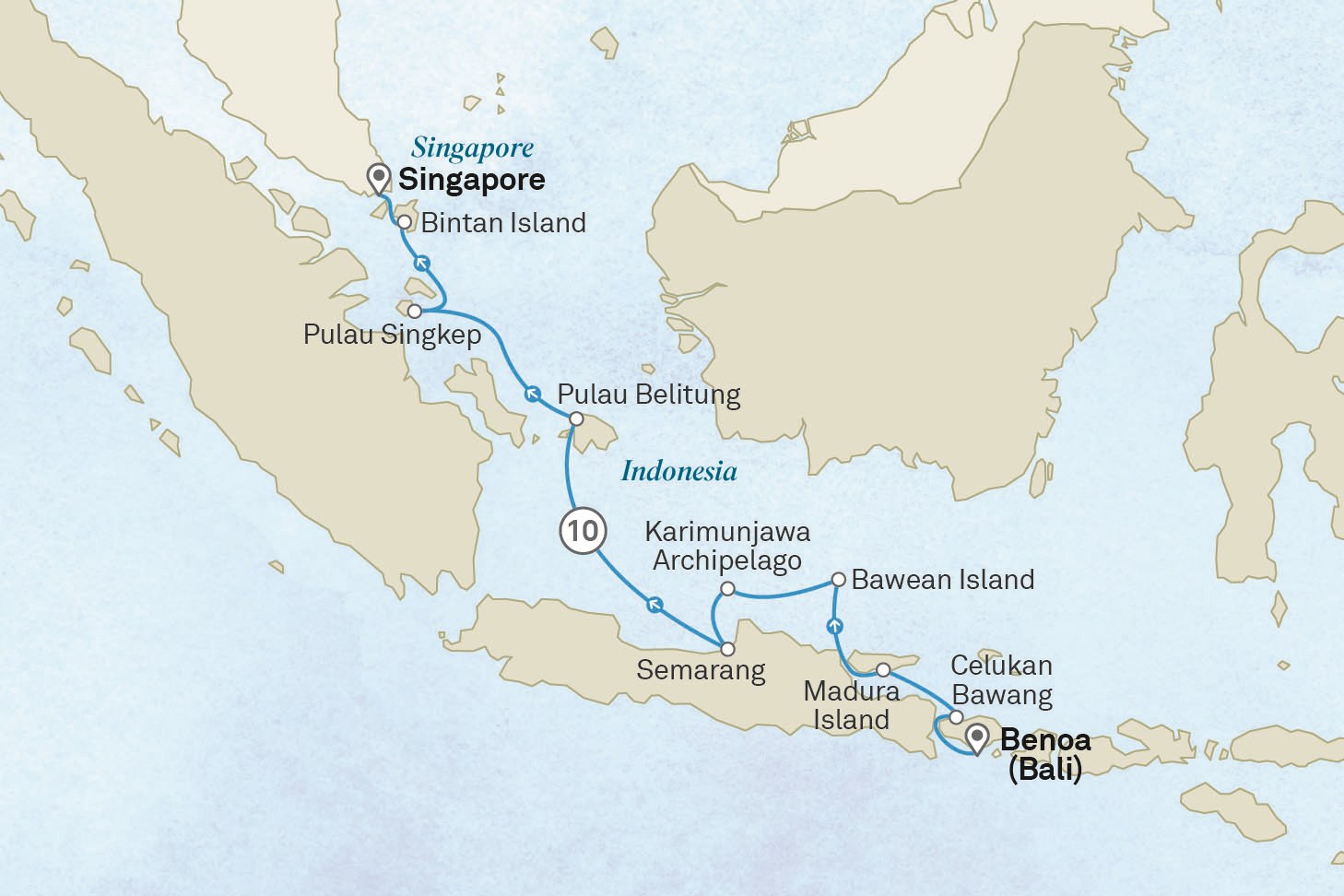 Indonesian Wonders & Sacred Temples: Singapore to Denpasar Scenic itinerary route map for voyage 601T210928.1