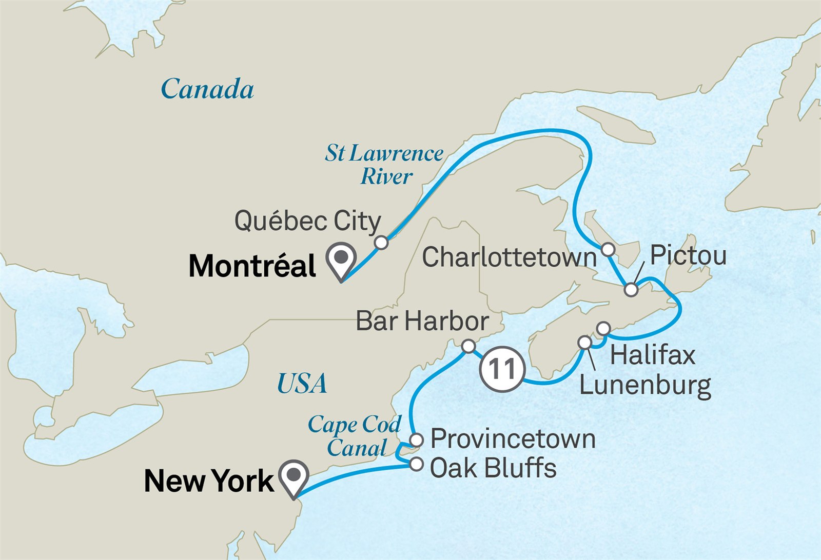 Autumn Foliage of Canada & America's East Coast: Montreal to New York City Scenic itinerary route map for voyage 601Y130928.1