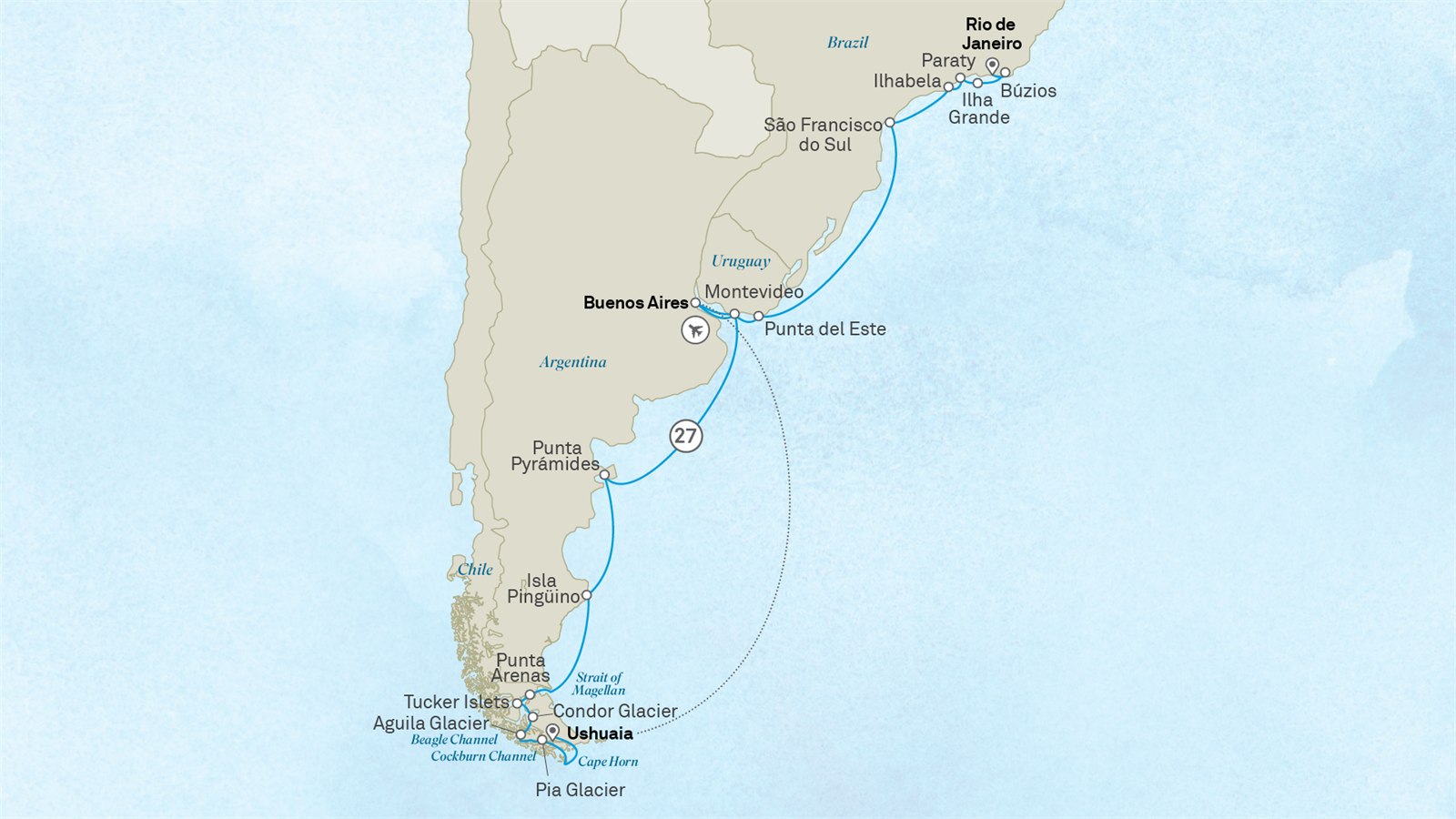 Ultimate Brazil, Patagonia & the Chilean Fjords: Rio de Janeiro to Buenos Aires Scenic itinerary route map for voyage 602L031127.1