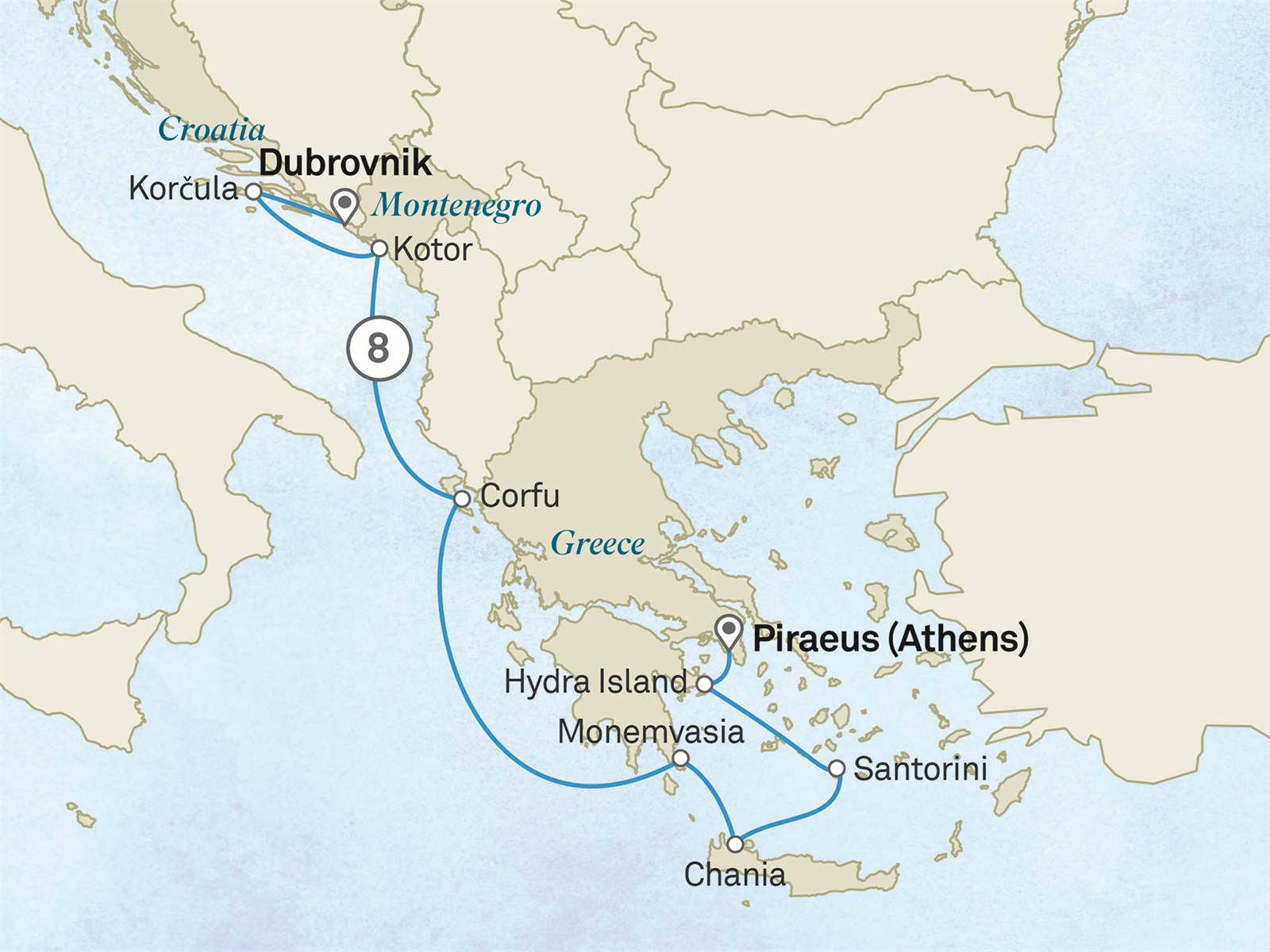 Hidden Gems of the Adriatic to the Aegean: Dubrovnik to Athens (Piraeus) Scenic itinerary route map for voyage 701G170627.1