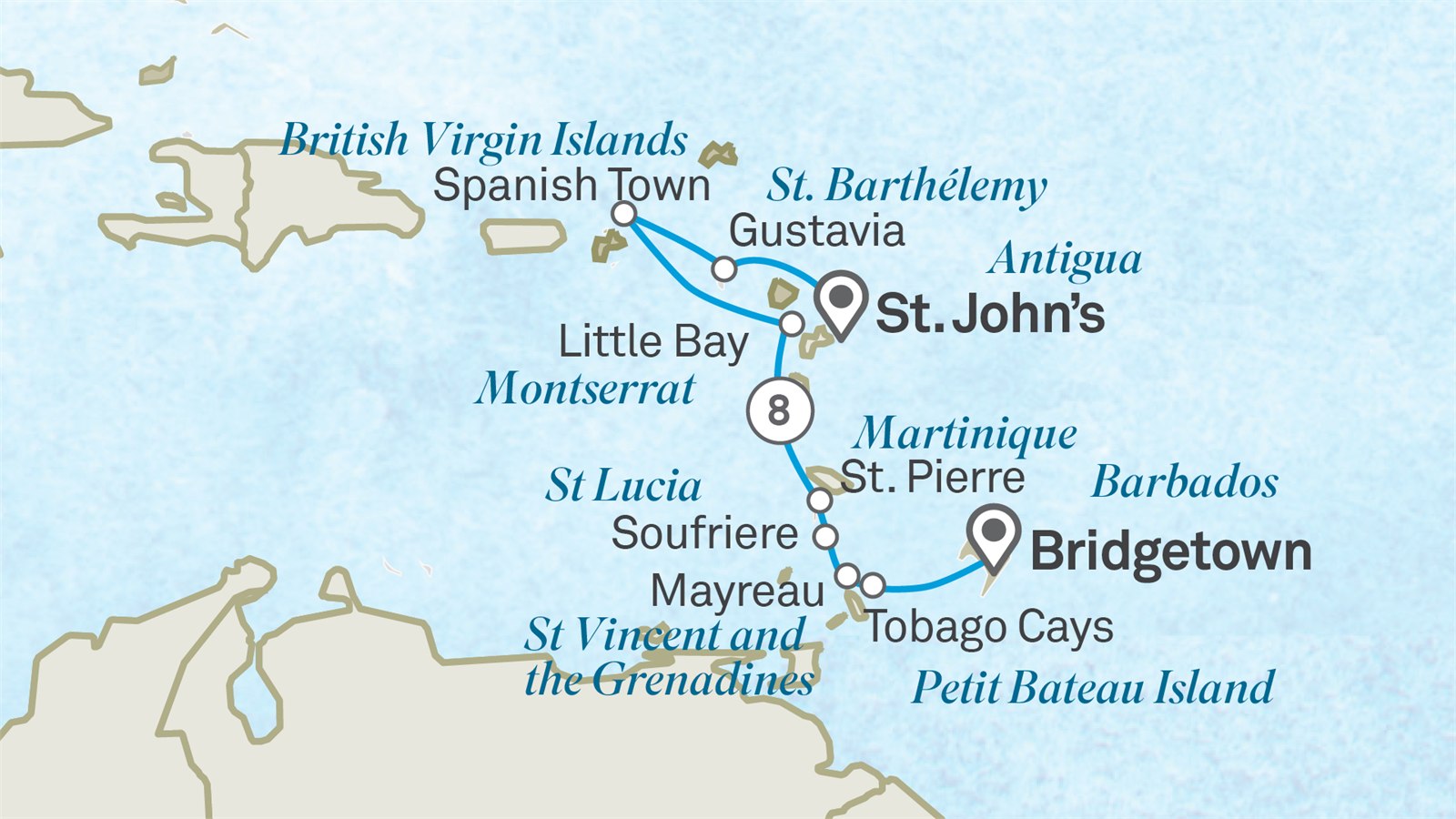 Splendours of the Caribbean: St John's to Bridgetown Scenic itinerary route map for voyage 701J151027.1