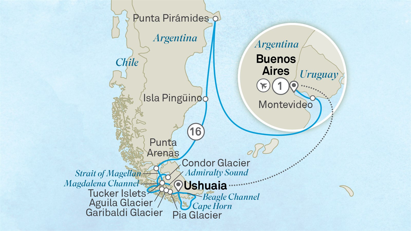 Fjords & Glaciers of Southern Chile & Patagonia: Buenos Aires to Buenos Aires Scenic itinerary route map for voyage 701L090328.2