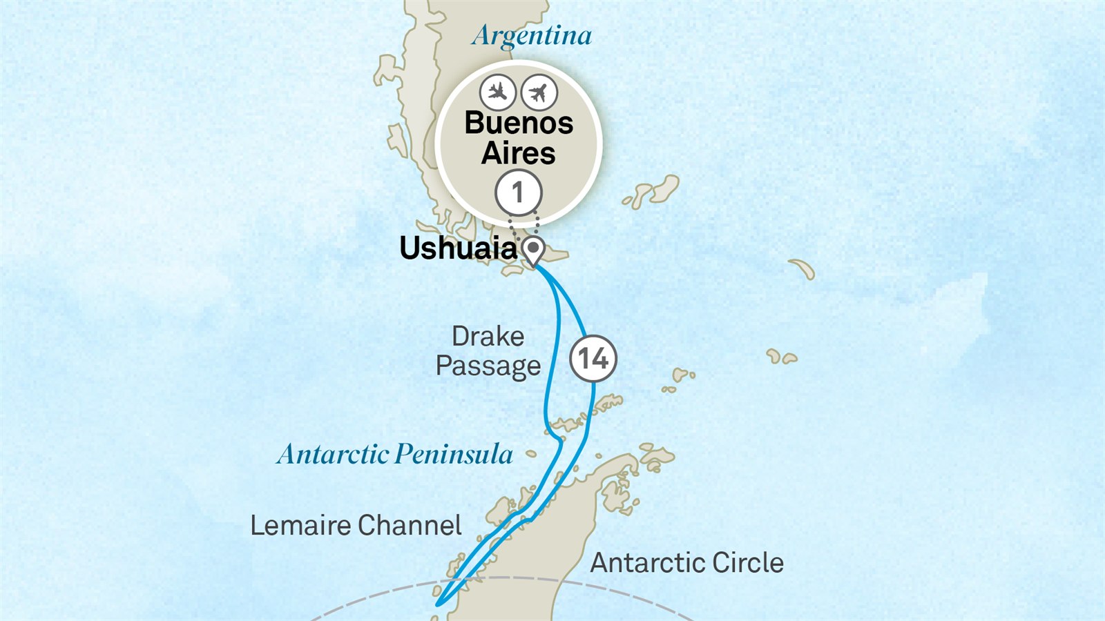 Beyond the Antarctic Circle - Christmas & New Year's Voyage: Buenos Aires to Buenos Aires Scenic itinerary route map for voyage 701S211227.1