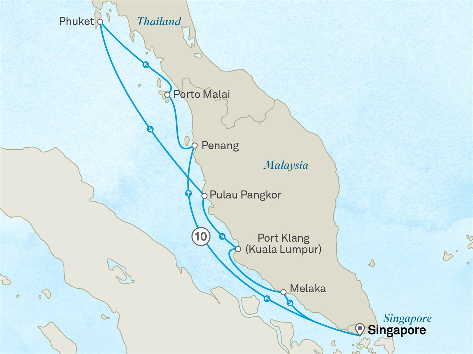 Andaman Passage: Singapore to the Malay Coast Scenic itinerary route map for voyage 701T110928.1
