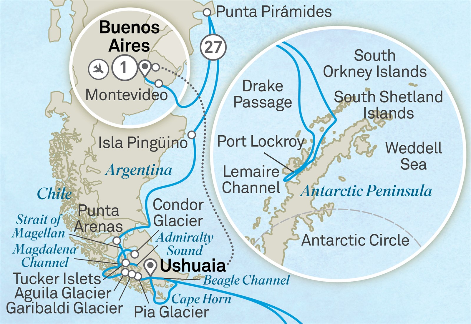 Ultimate Antarctica & the Fjords of Southern Chile: Buenos Aires to Buenos Aires Scenic itinerary route map for voyage 702L170227.2