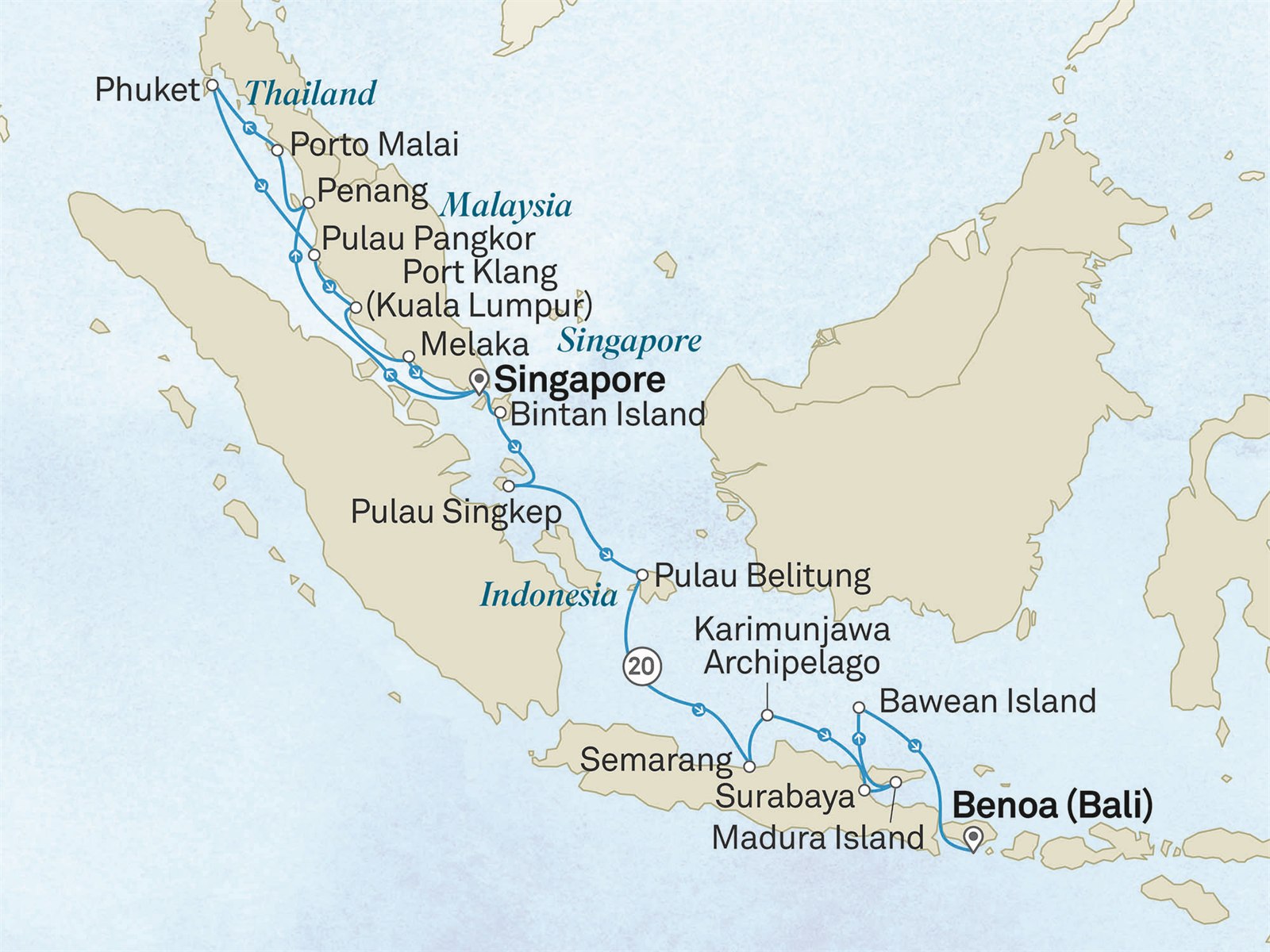 Ultimate Voyage: Singapore, Malaysia & the Islands of Indonesia: Singapore to Denpasar Scenic itinerary route map for voyage 702T110928.1