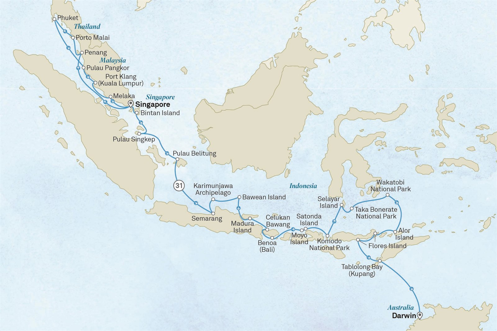 Ultimate Voyage: South East Asia's Singapore to Darwin Scenic itinerary route map for voyage 703T110928.1