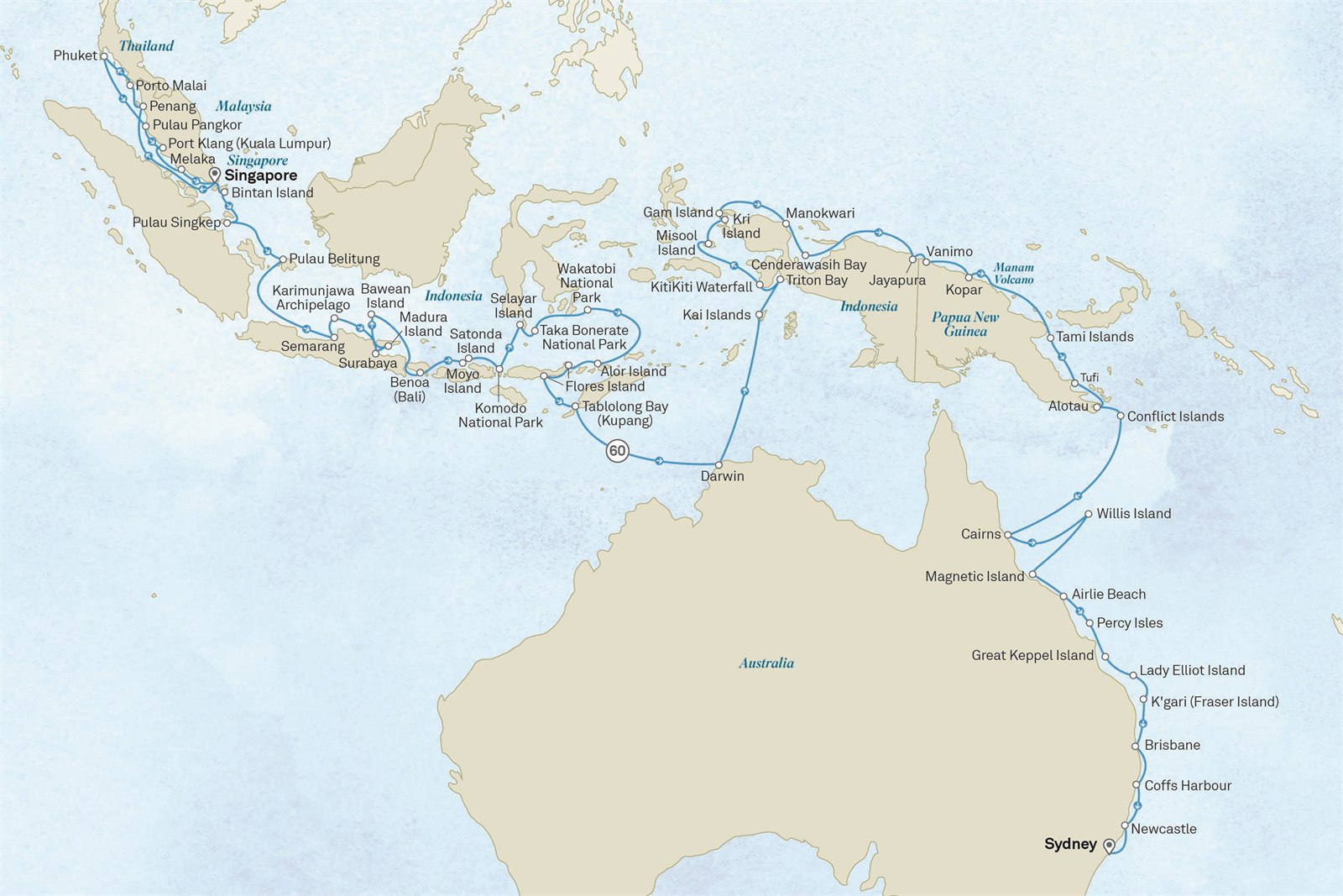 Grand Voyage: South East Asia, Papua New Guinea & Australia’s East Coast: Singapore to Sydney Scenic itinerary route map for voyage 705T110928.1