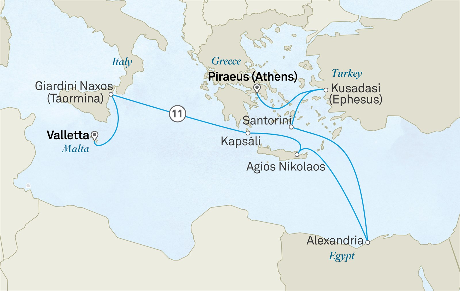Greek Isles, Turkey & The Pyramids: Athens (Piraeus) to Valletta Scenic itinerary route map for voyage 801G250627.1