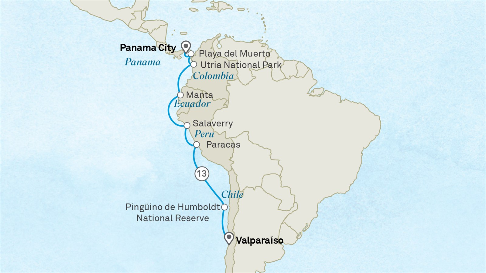 Ancient Kingdoms & Natural Treasures: Panama to Chile: Panama City to Santiago Scenic itinerary route map for voyage 801L241028.1