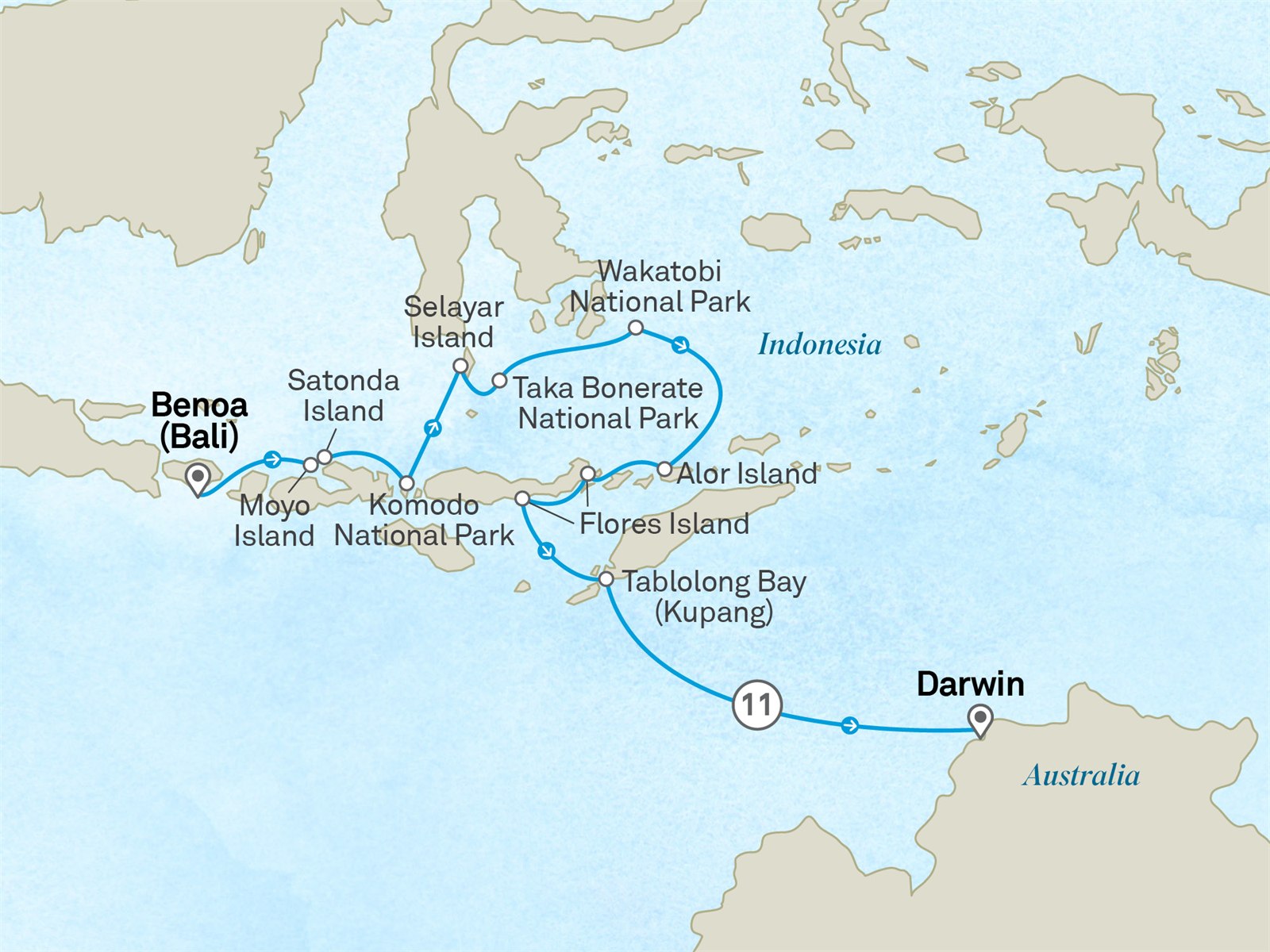 Treasures of Komodo & the Sulawesi South Islands: Denpasar to Darwin Scenic itinerary route map for voyage 801T011028.1