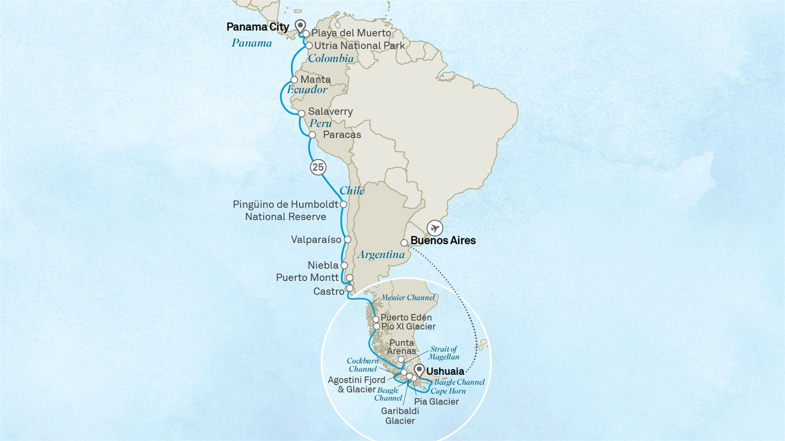 The Chairman’s Voyage: Ultimate Ancient Treasures, Fjords & Wonders of South America: Panama City to Buenos Aires Scenic itinerary route map for voyage 802L311027.1