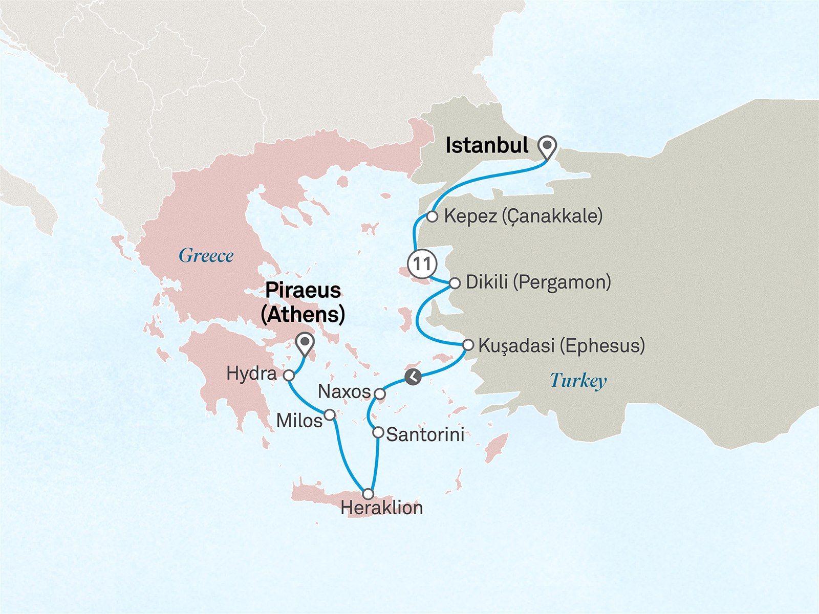 Ancient Empires: Istanbul to Athens: Istanbul to Athens (Piraeus) Scenic itinerary route map for voyage 901G160528.2