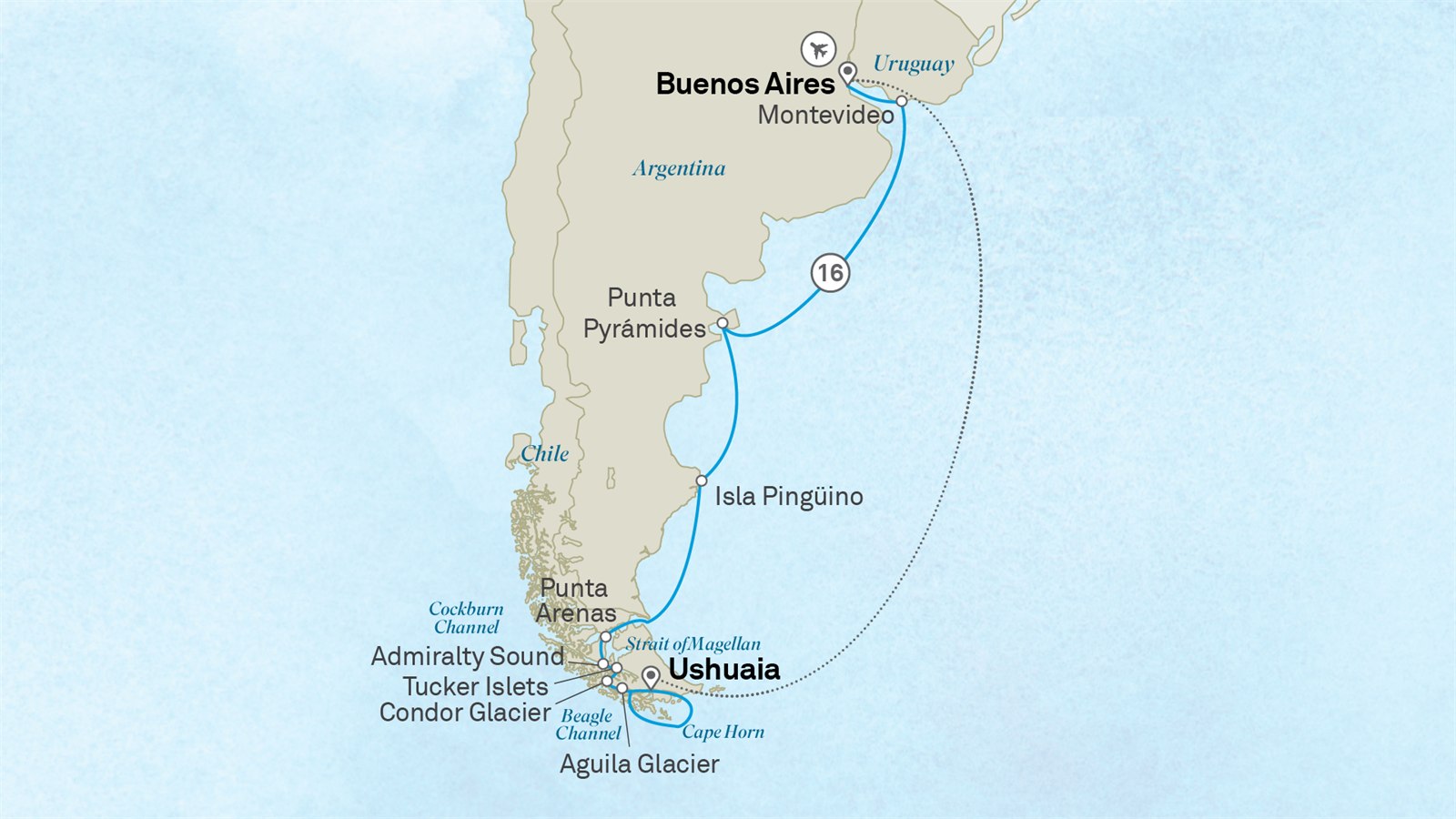 Patagonia & the Chilean Fjords: Buenos Aires to Buenos Aires Scenic itinerary route map for voyage 901L141127.1