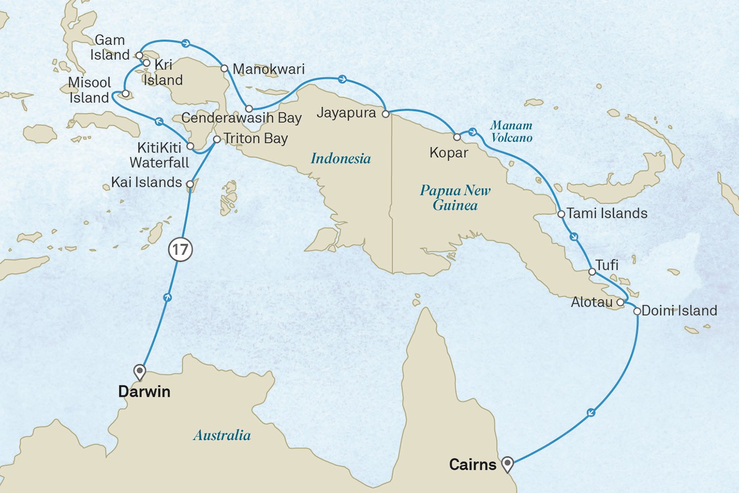Jewels of Raja Ampat & Papua New Guinea: Darwin to Cairns Scenic itinerary route map for voyage 901T121028.1