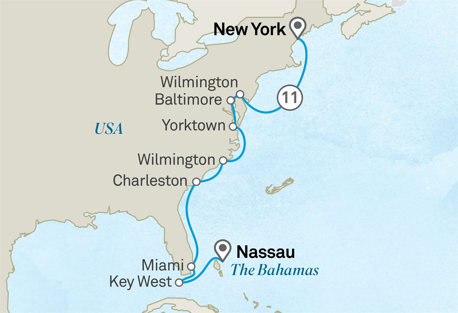 Chairman’s Voyage: America's 250th Anniversary Cruise: New York City to Nassau Scenic itinerary route map for voyage 901U051026.1