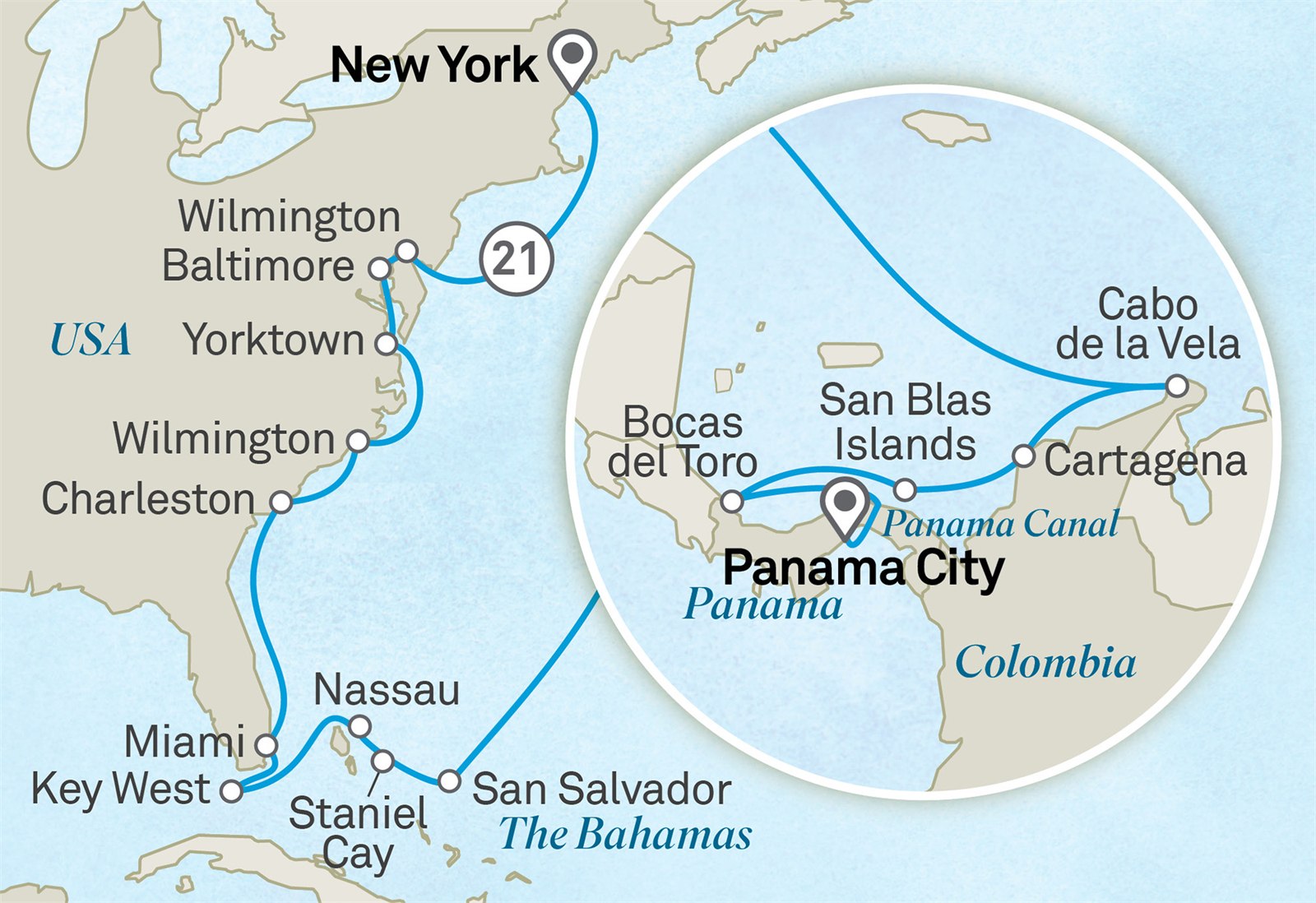 Ultimate America's Historic Journey to Panama: New York City to Panama City Scenic itinerary route map for voyage 902U051026.1