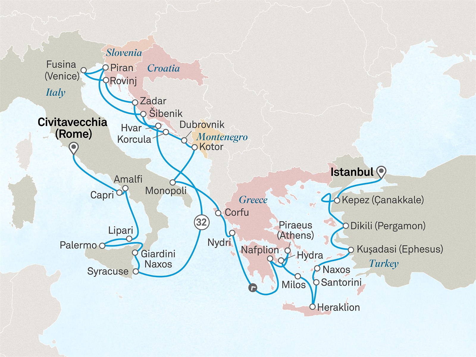 Ultimate Voyage: Ancient Empires, Adriatic & Amalfi Coast: Istanbul to Civitavecchia (Rome) Scenic itinerary route map for voyage 903G120828.2