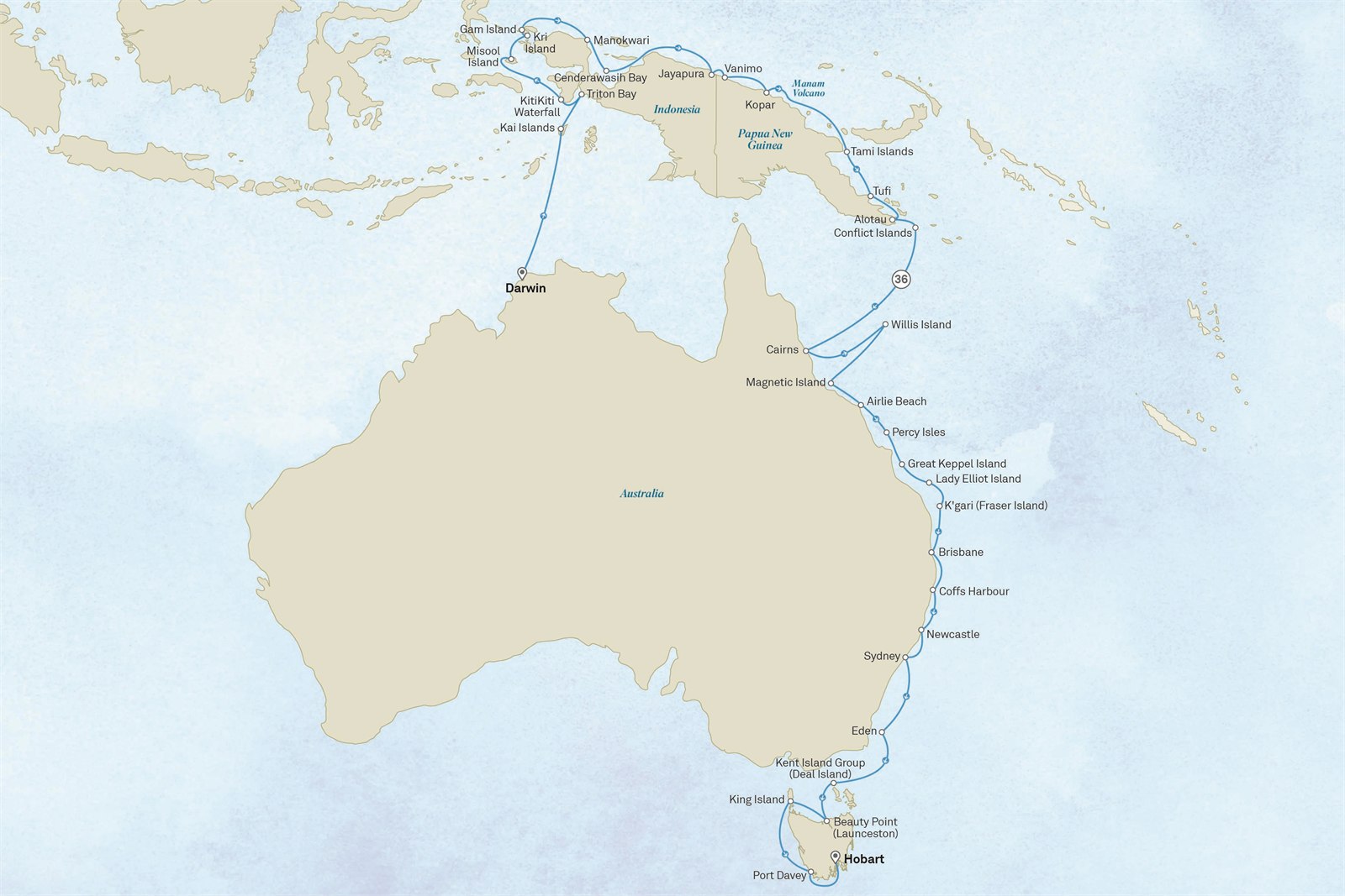 Ultimate Voyage: Indonesia, the Whitsundays & Tasmania: Darwin to Hobart Scenic itinerary route map for voyage 903T121028.1